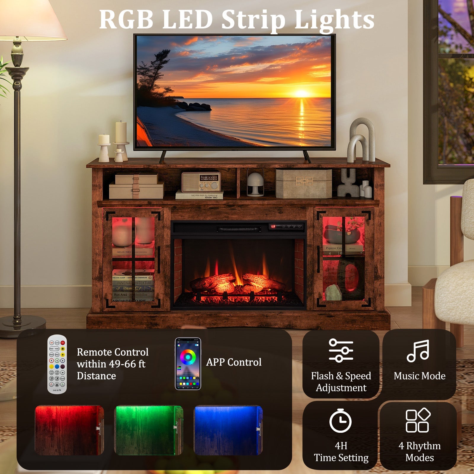 Fireplace TV Stand with Remote Controls and Thermostat for TVs Up to 50 Inch-Rustic Brown