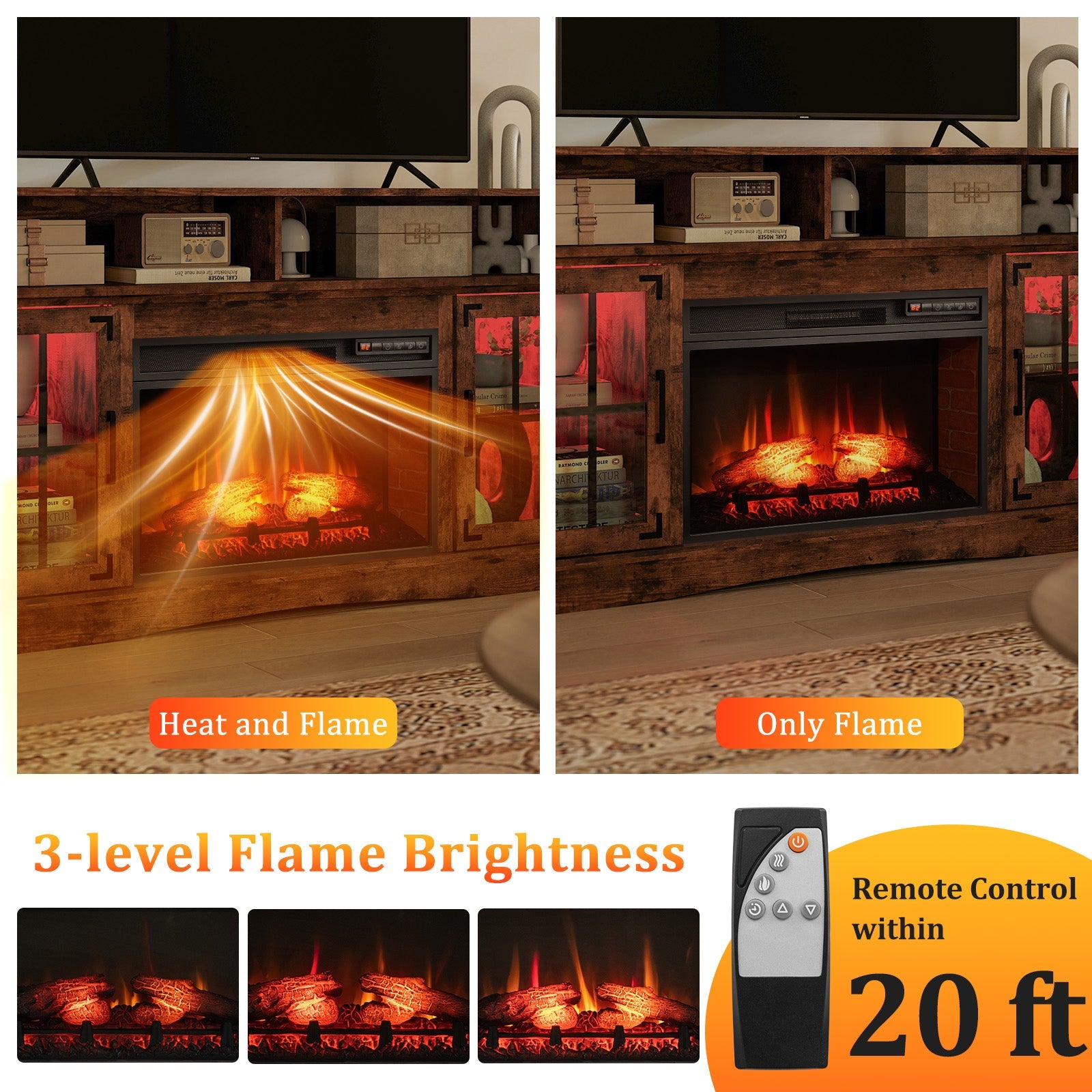 Fireplace TV Stand with Remote Controls and Thermostat for TVs Up to 50 Inch-Rustic Brown