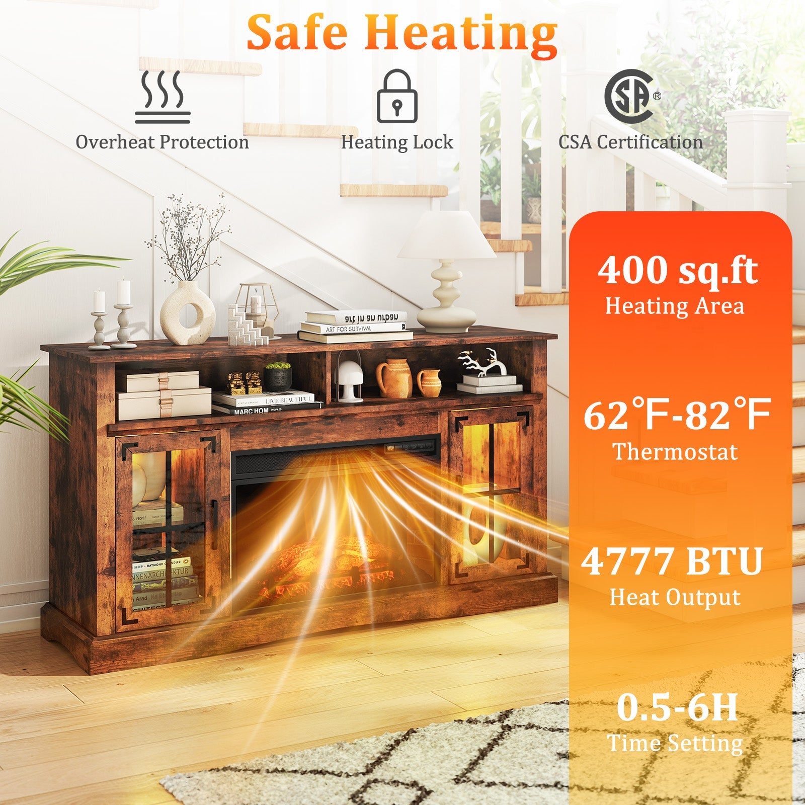 Fireplace TV Stand with Remote Controls and Thermostat for TVs Up to 50 Inch-Rustic Brown