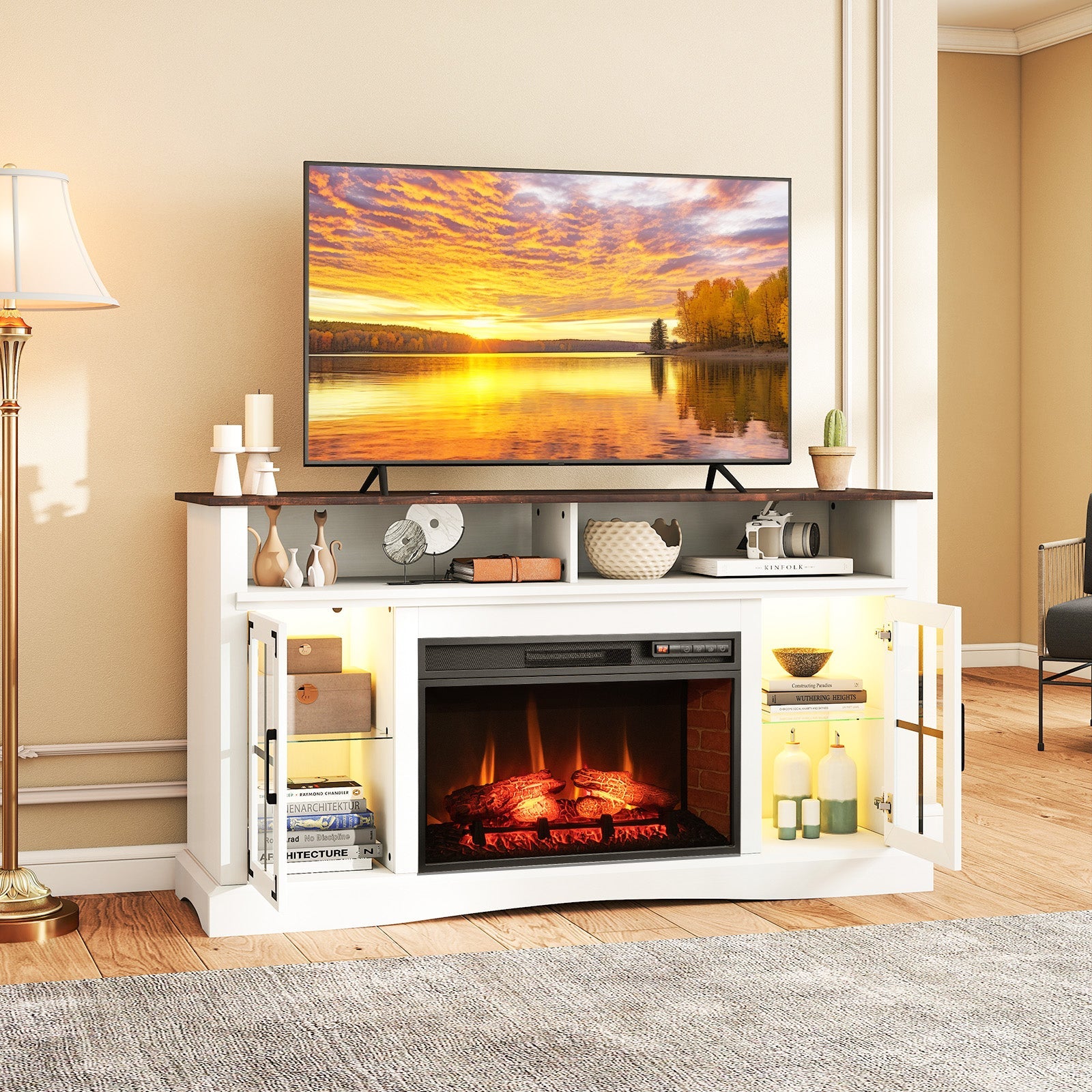 Fireplace TV Stand with Remote Controls and Thermostat for TVs Up to 50 Inch-White