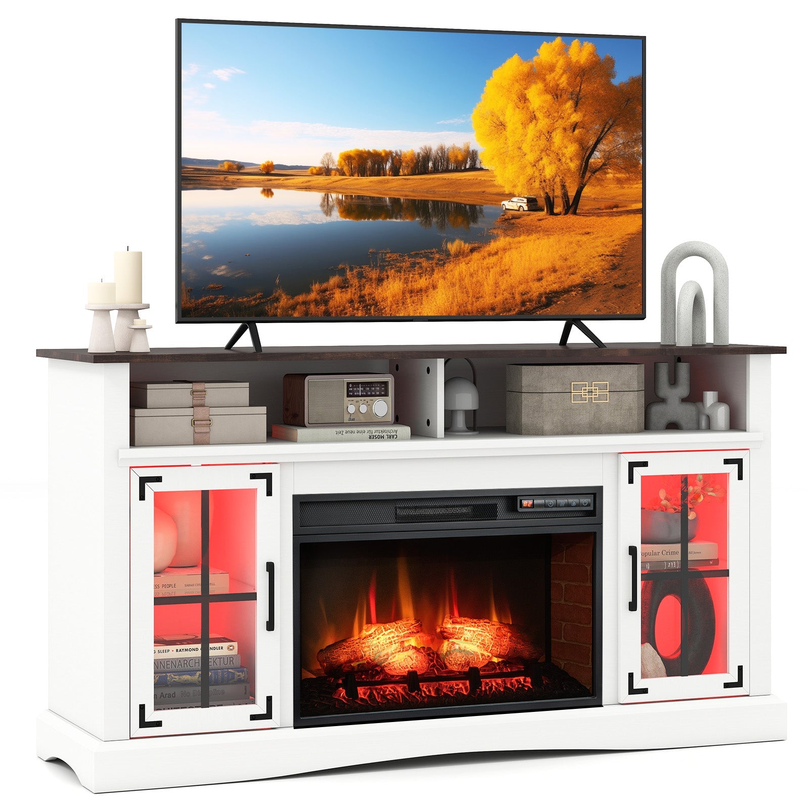 Fireplace TV Stand with Remote Controls and Thermostat for TVs Up to 50 Inch-White