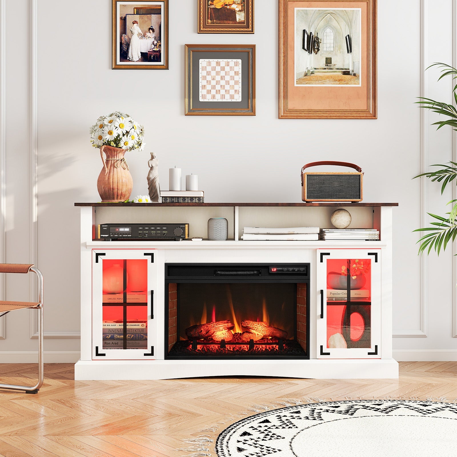 Fireplace TV Stand with Remote Controls and Thermostat for TVs Up to 50 Inch-White