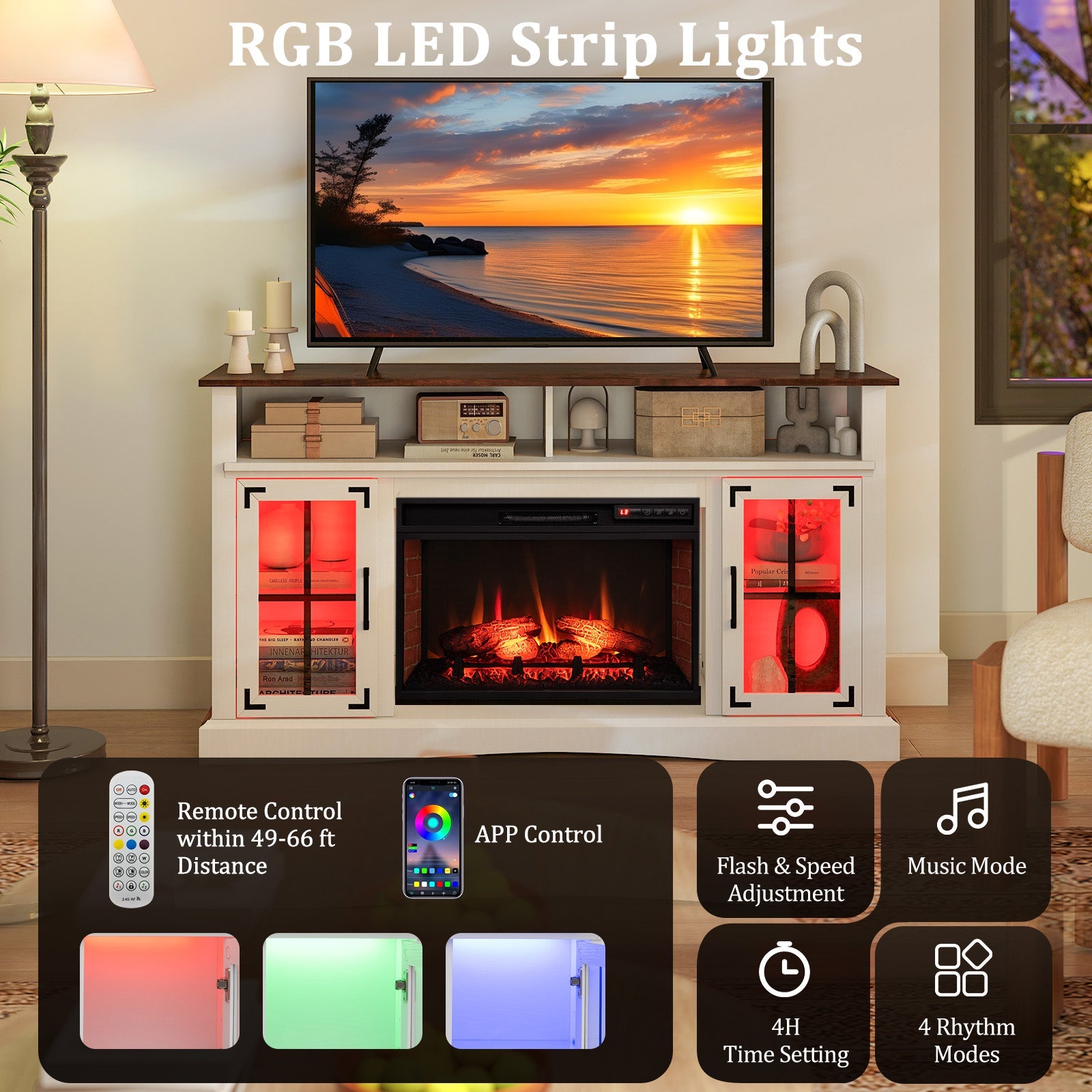 Fireplace TV Stand with Remote Controls and Thermostat for TVs Up to 50 Inch-White