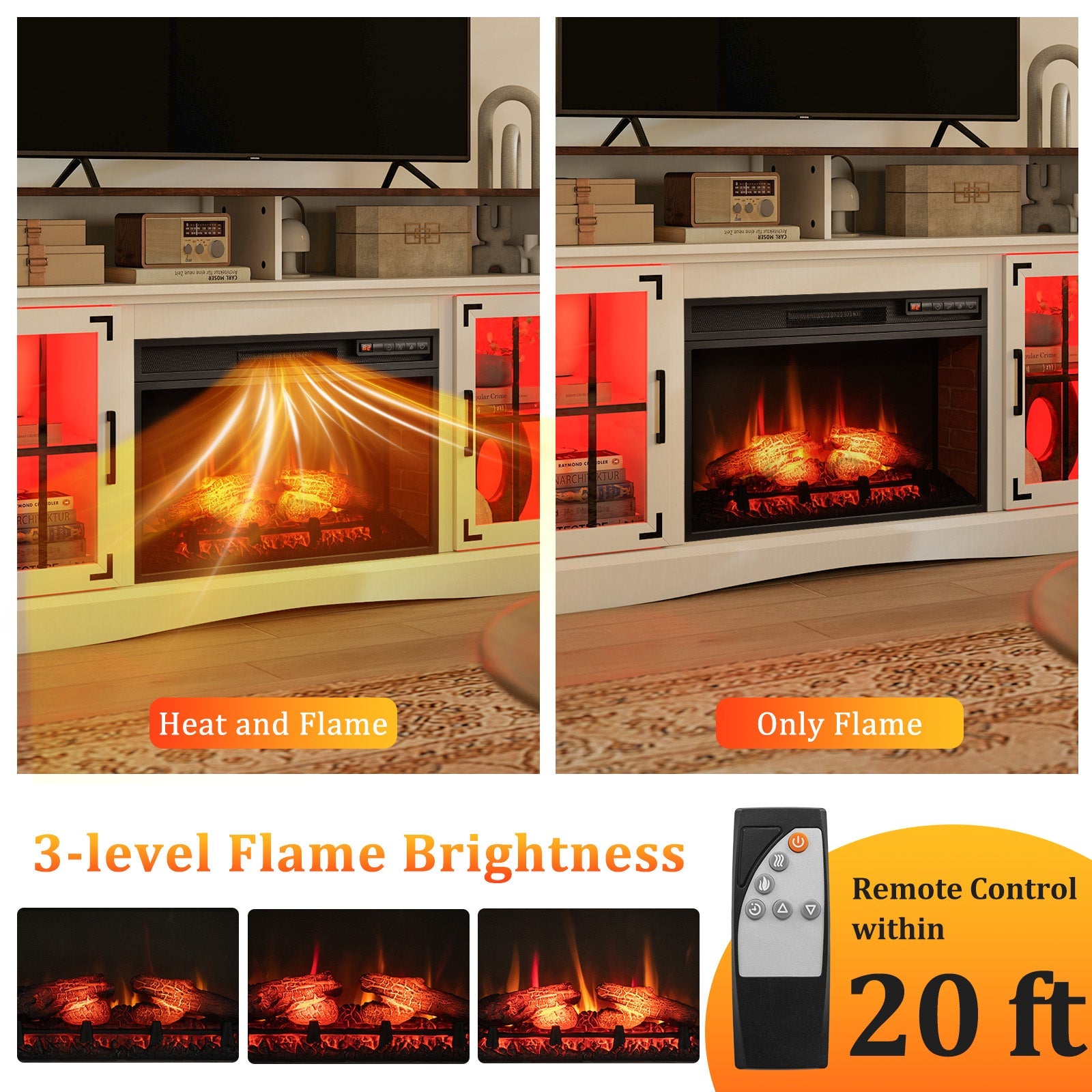 Fireplace TV Stand with Remote Controls and Thermostat for TVs Up to 50 Inch-White
