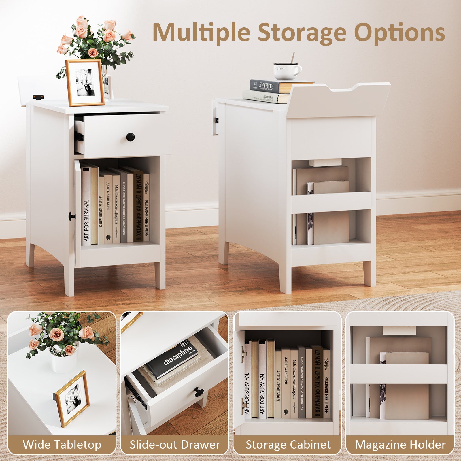 Flip Top End Table with Charging Station USB Ports Outlets and Drawer-White