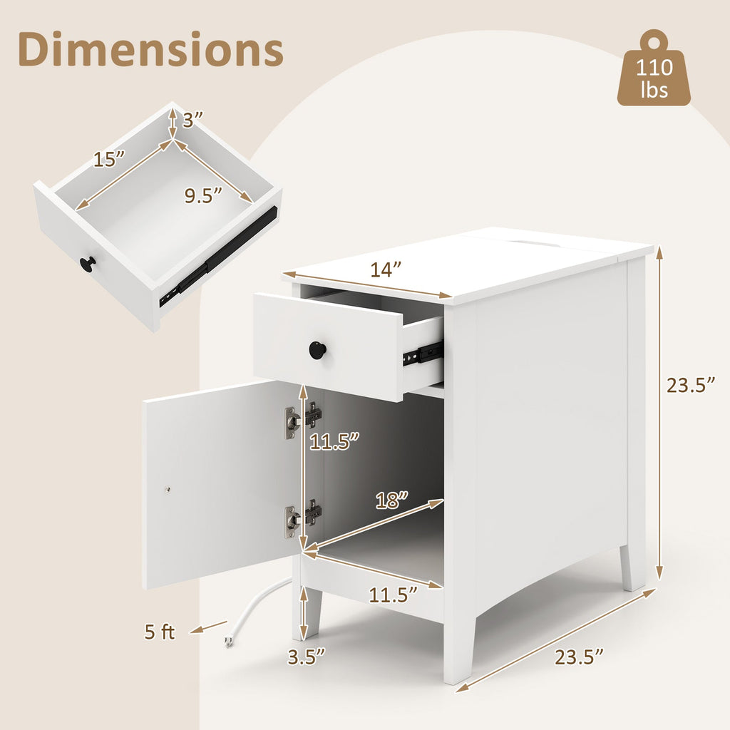 Flip Top End Table with Charging Station USB Ports Outlets and Drawer-White