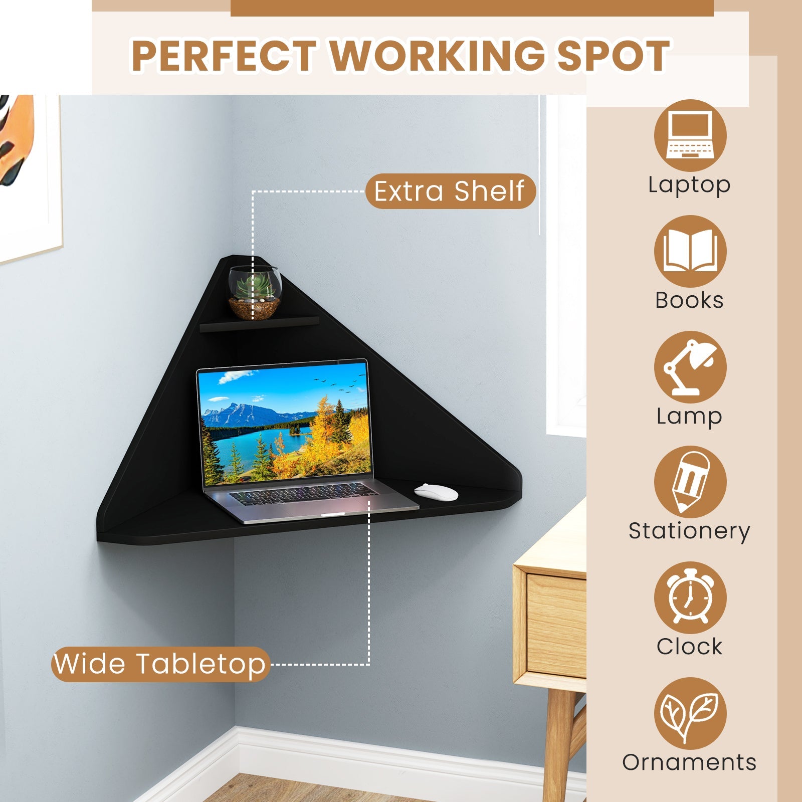 Floating Triangular Corner Computer Desk with Storage Shelf-Black