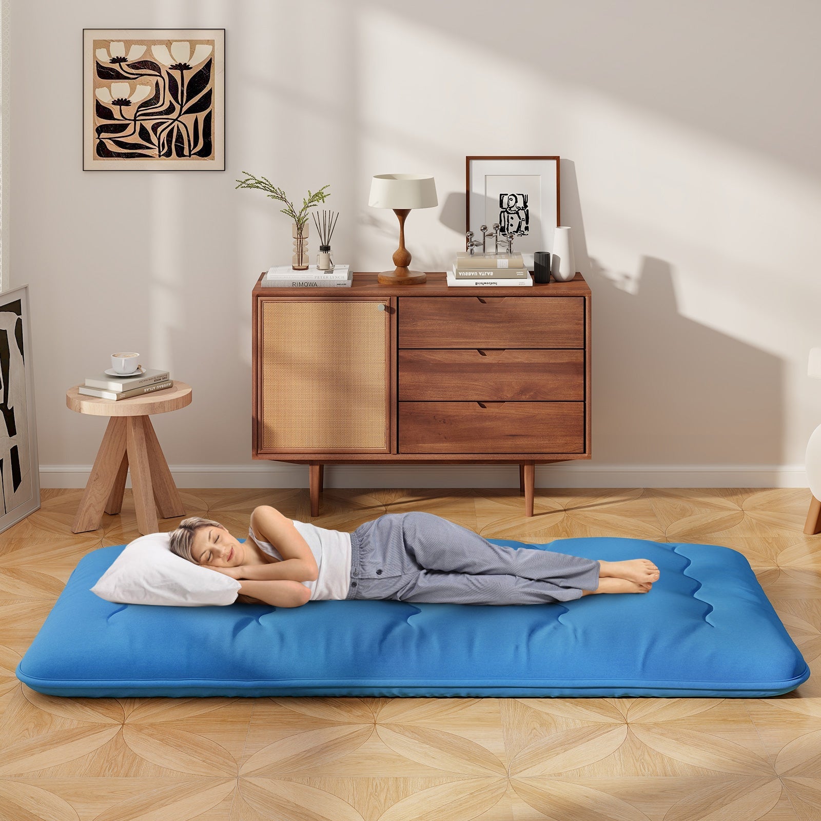 Foldable Futon Mattress with Washable Cover and Carry Bag for Camping Blue-Twin Size