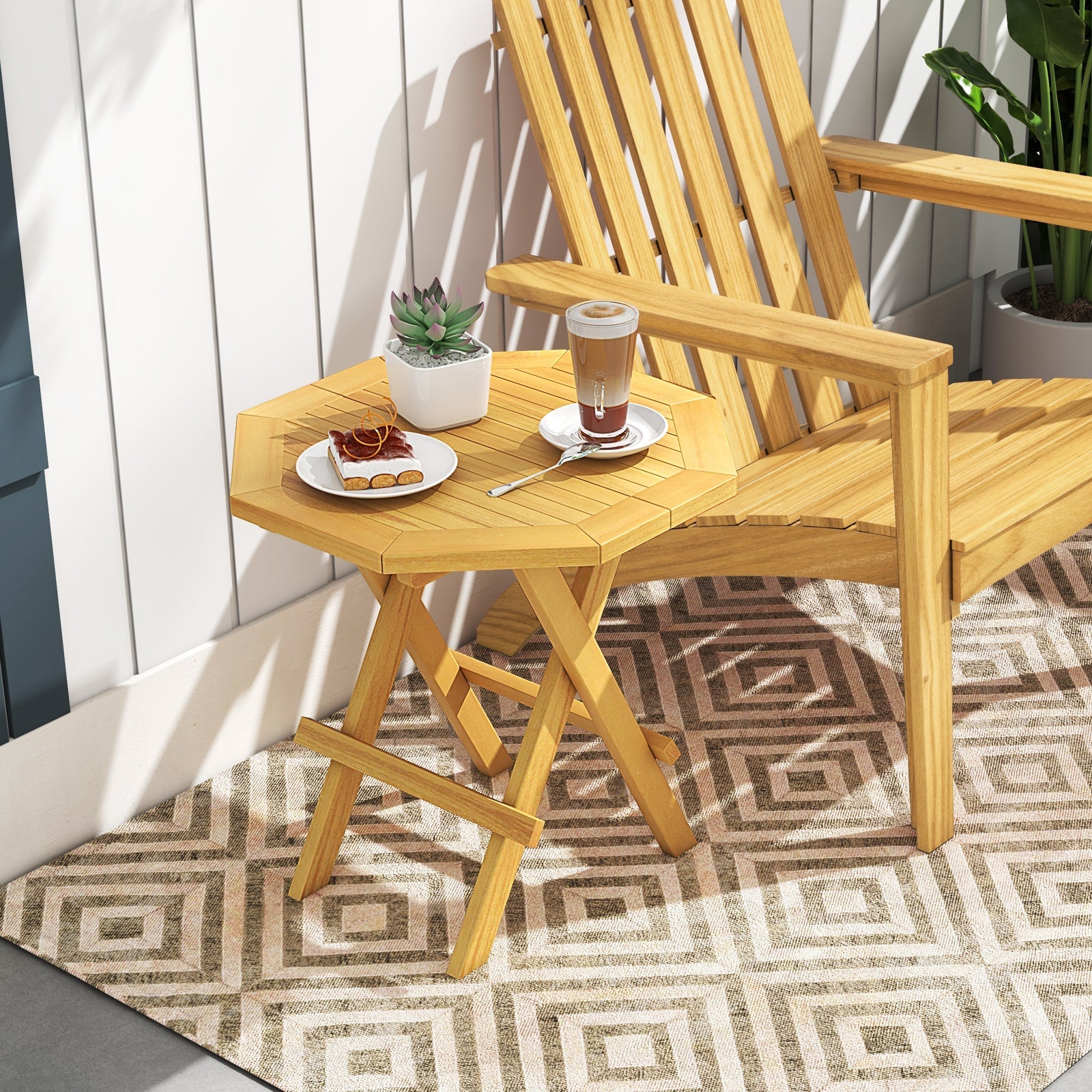Teak Wood Octagon Coffee Table with X-shaped Legs and Slatted Tabletop