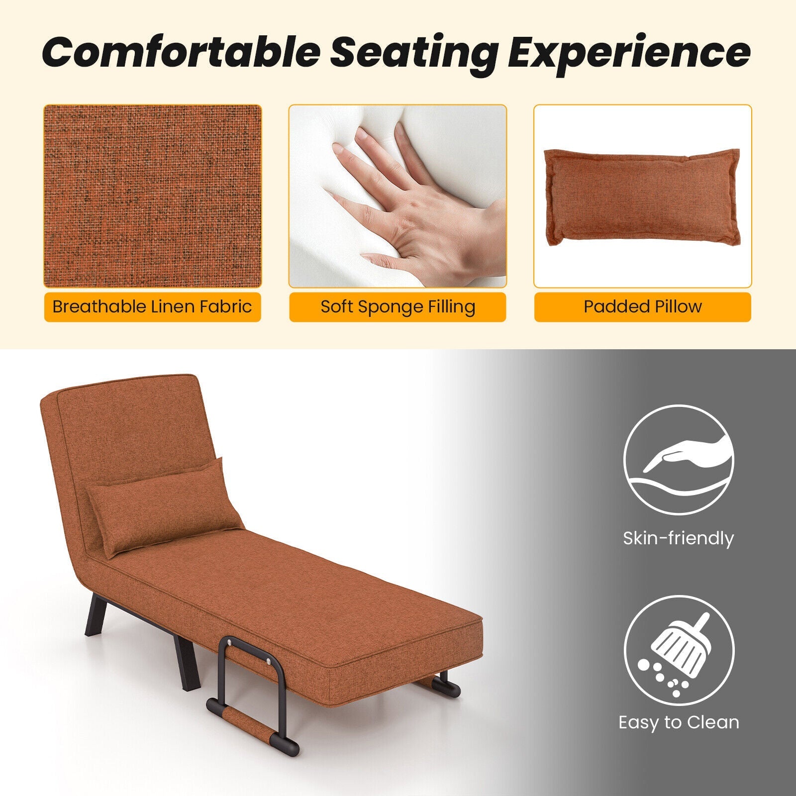 Folding 6 Position Convertible Sleeper Bed Armchair Lounge Couch with Pillow-Brown
