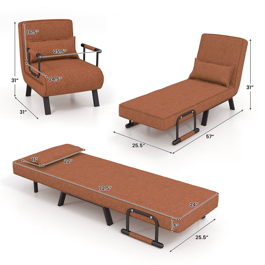 Folding 6 Position Convertible Sleeper Bed Armchair Lounge Couch with Pillow-Brown