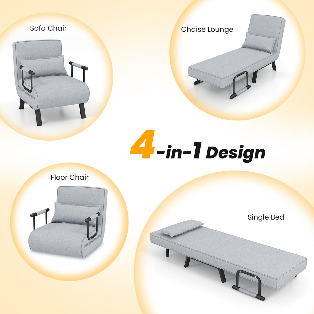 Folding 6 Position Convertible Sleeper Bed Armchair Lounge Couch with Pillow-Light Gray