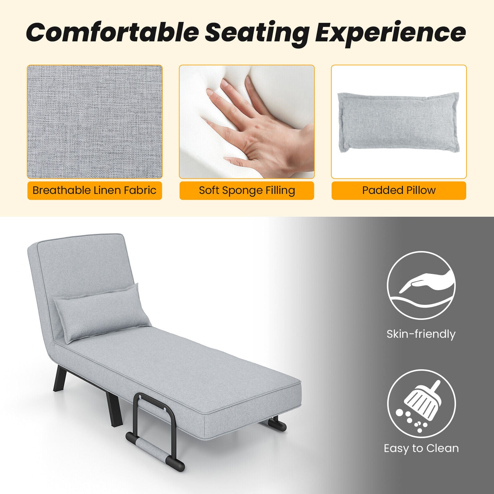 Folding 6 Position Convertible Sleeper Bed Armchair Lounge Couch with Pillow-Light Gray