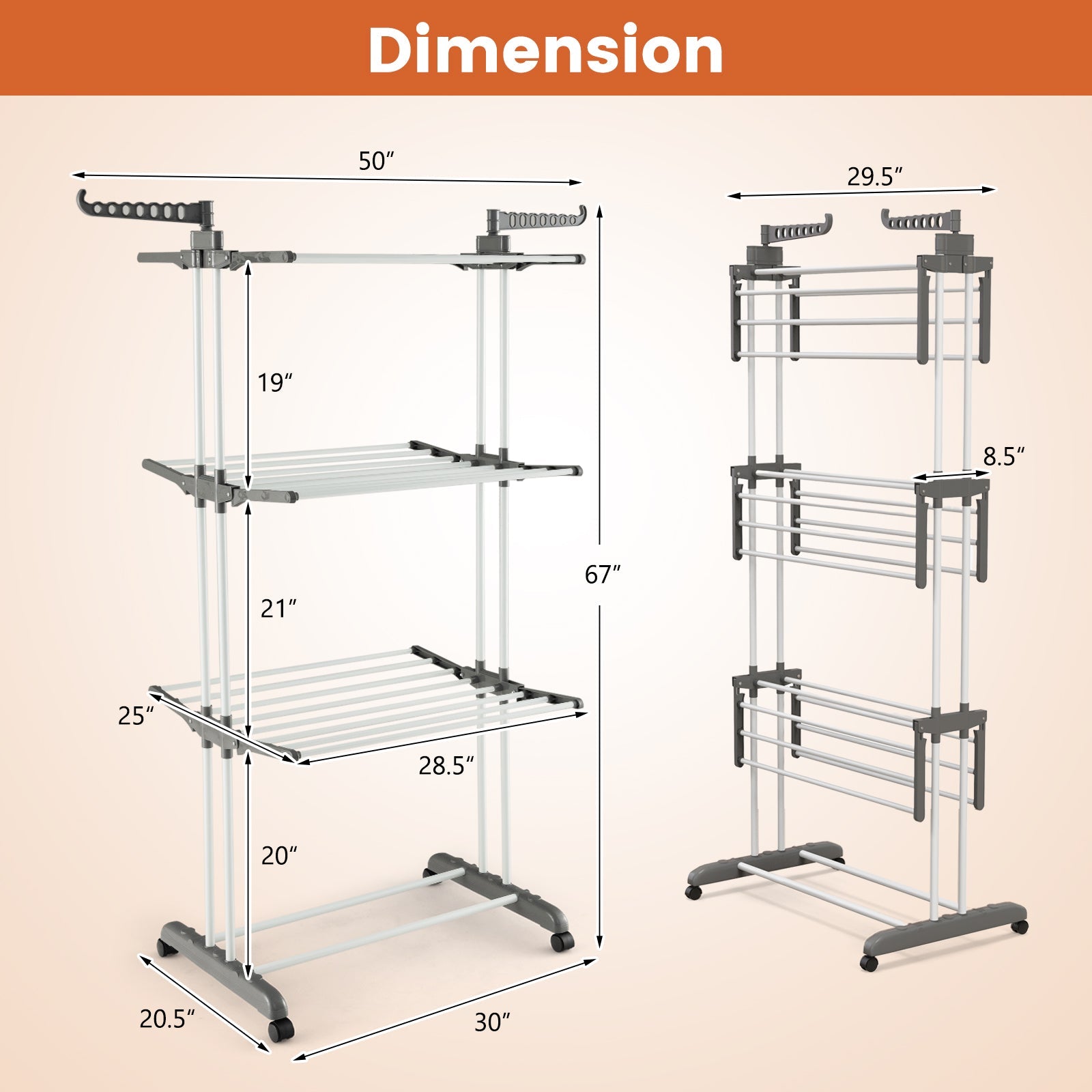 4-tier Clothes Drying Rack with Rotatable Side Wings and Collapsible Shelves-Gray