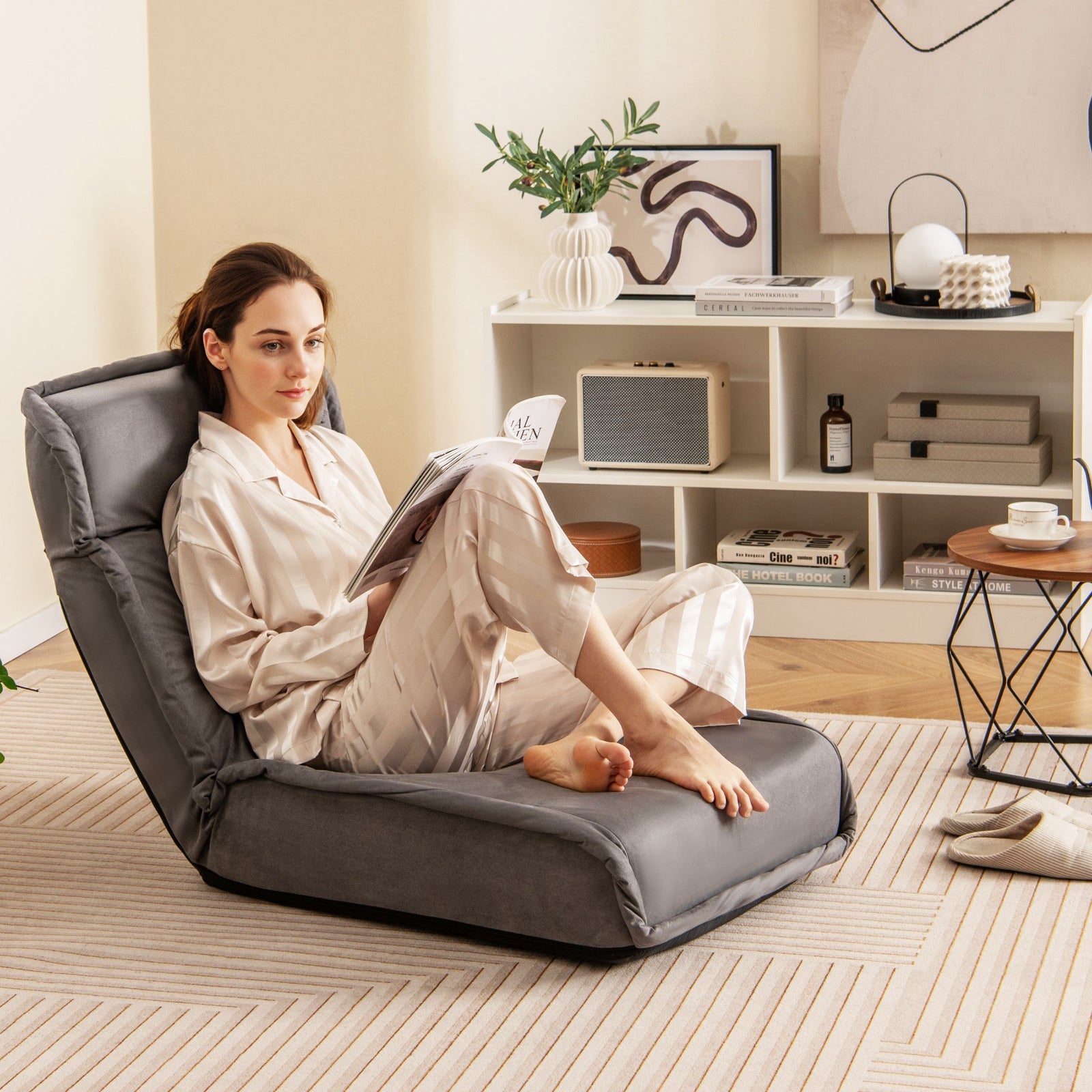 Folding Floor Chair Convertible Lazy Chair with 14-Poistion Adjustable Backrest-Gray