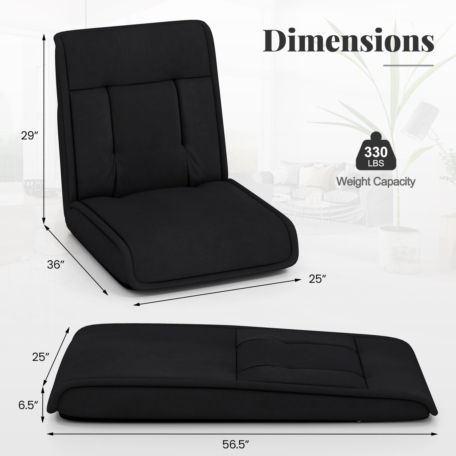 Folding Floor Chair Convertible Lazy Chair with 14-Poistion Adjustable Backrest-Black