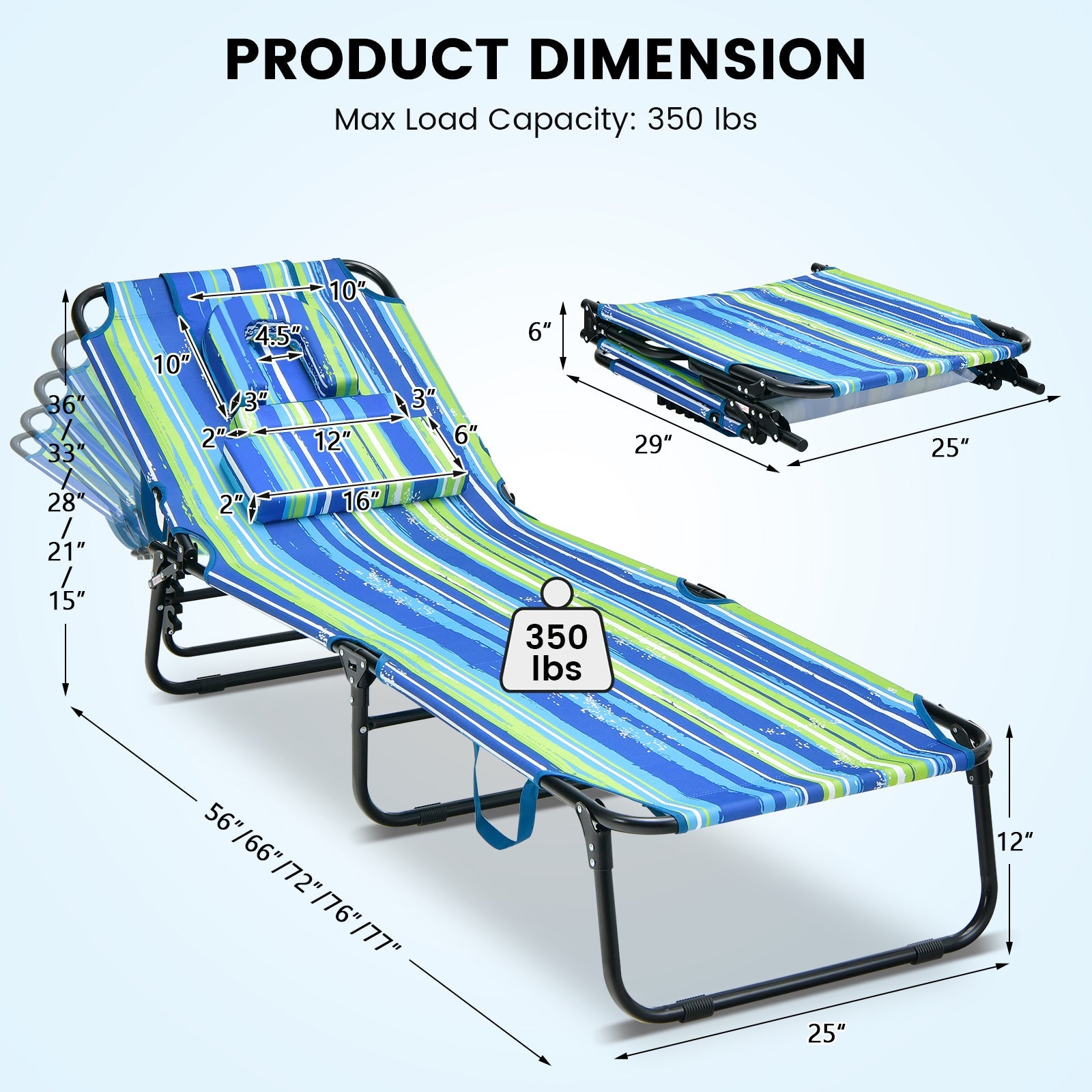 Beach Chaise Lounge Chair with Face Hole and Removable Pillow-Blue & Green