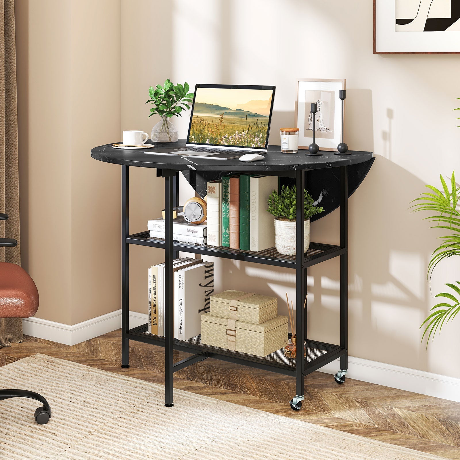 Folding Round Dining Table with Lockable Wheels-Black