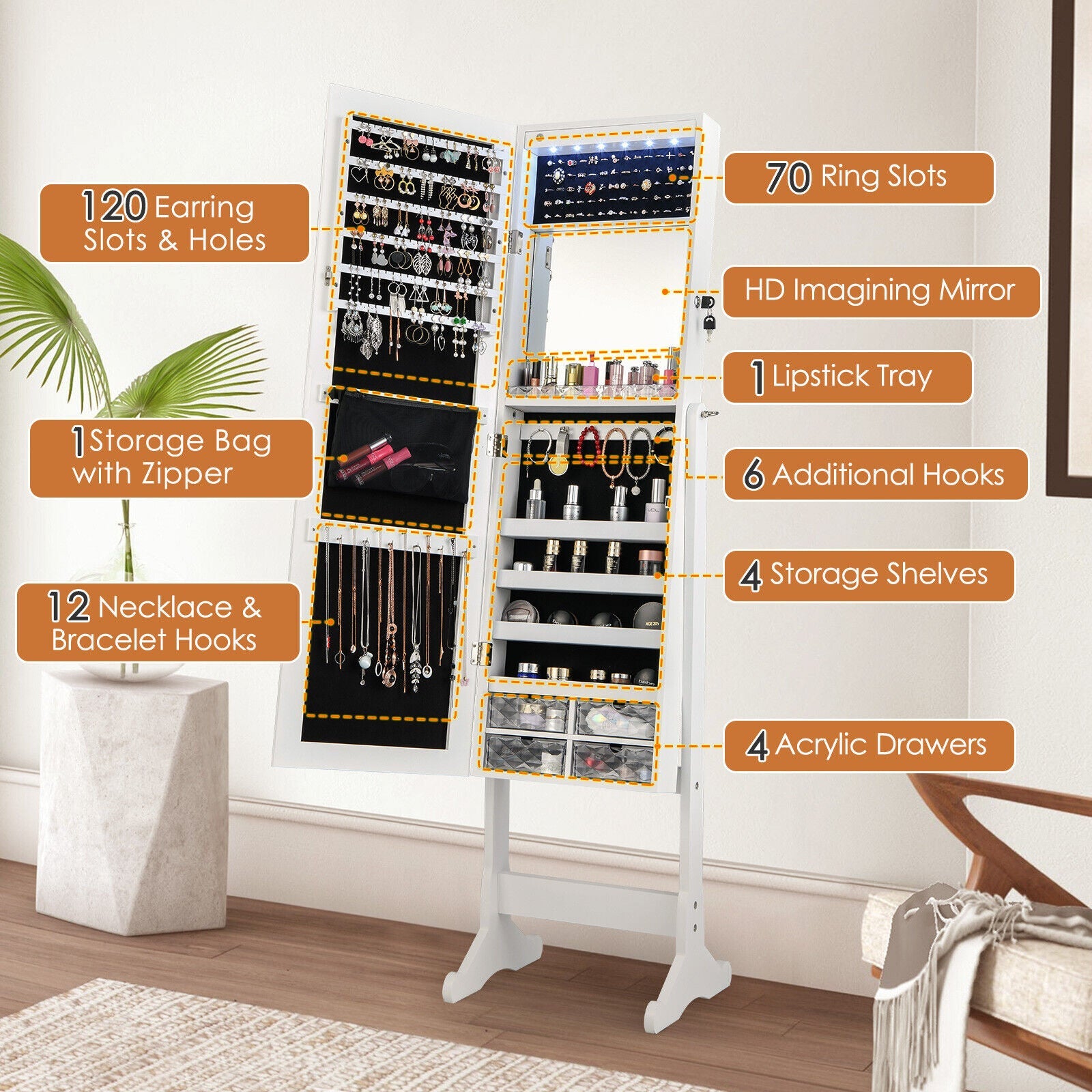 Free Standing Full Length Jewelry Armoire with LED Lights-White