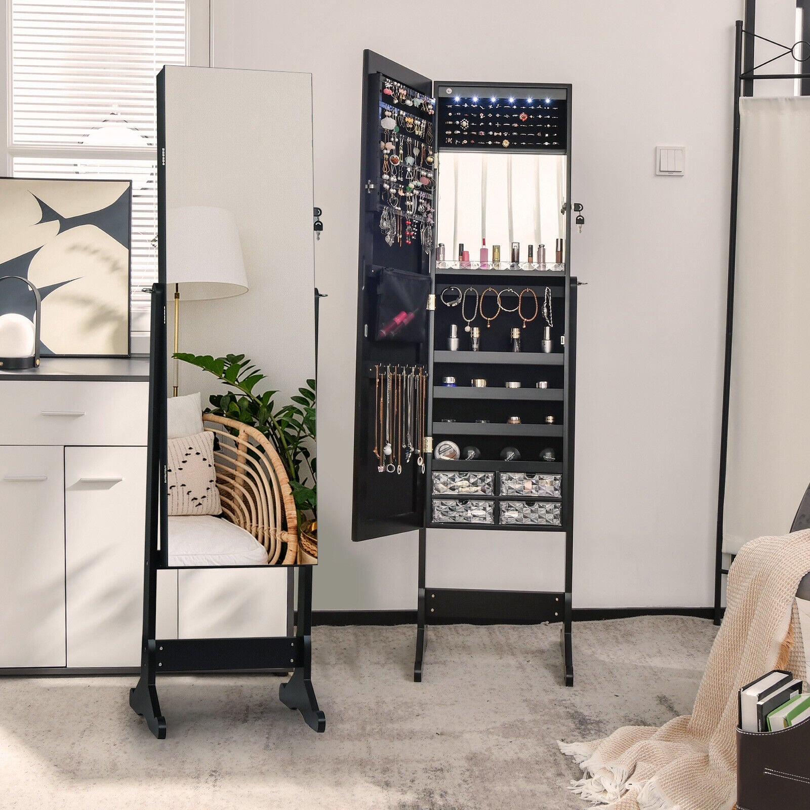 Free Standing Full Length Jewelry Armoire with Lights-Black
