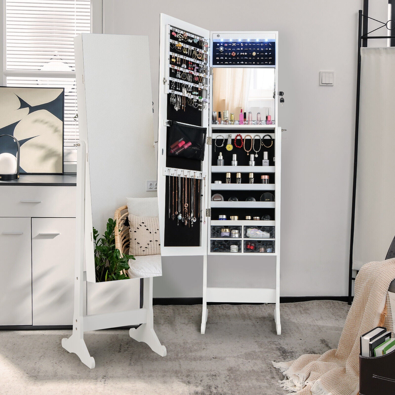 Free Standing Full Length Jewelry Armoire with LED Lights-White