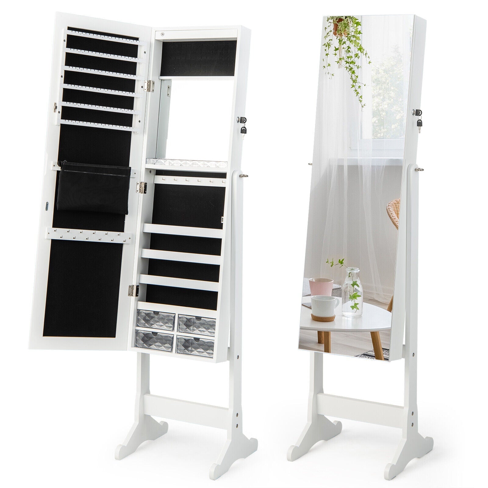 Free Standing Full Length Jewelry Armoire with LED Lights-White