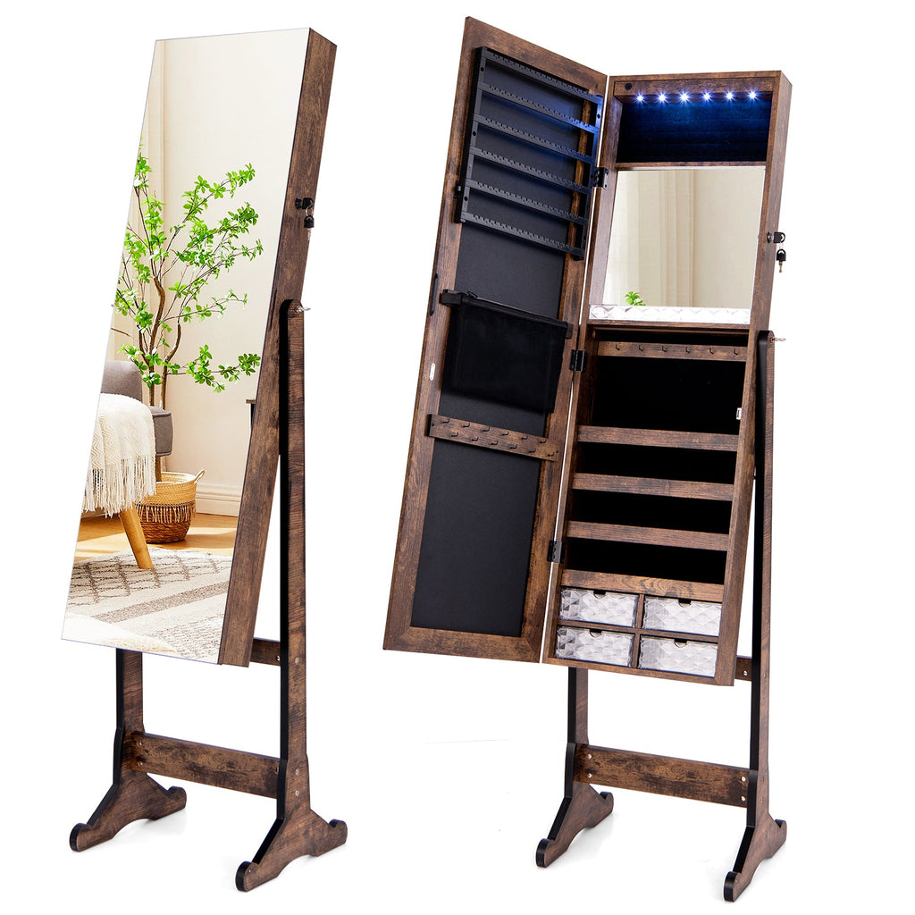 Free Standing Full Length Jewelry Armoire with Lights-Rustic Brown
