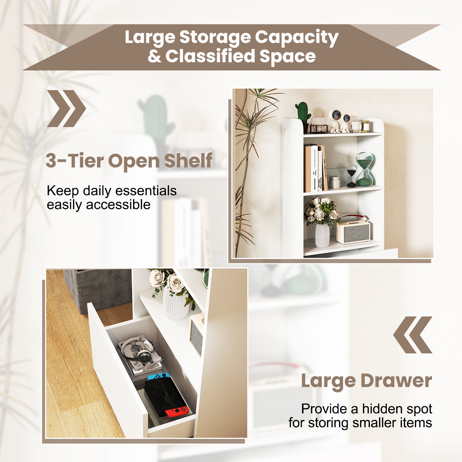 Freestanding Bookshelf with 3-Tier Open Shelf-White