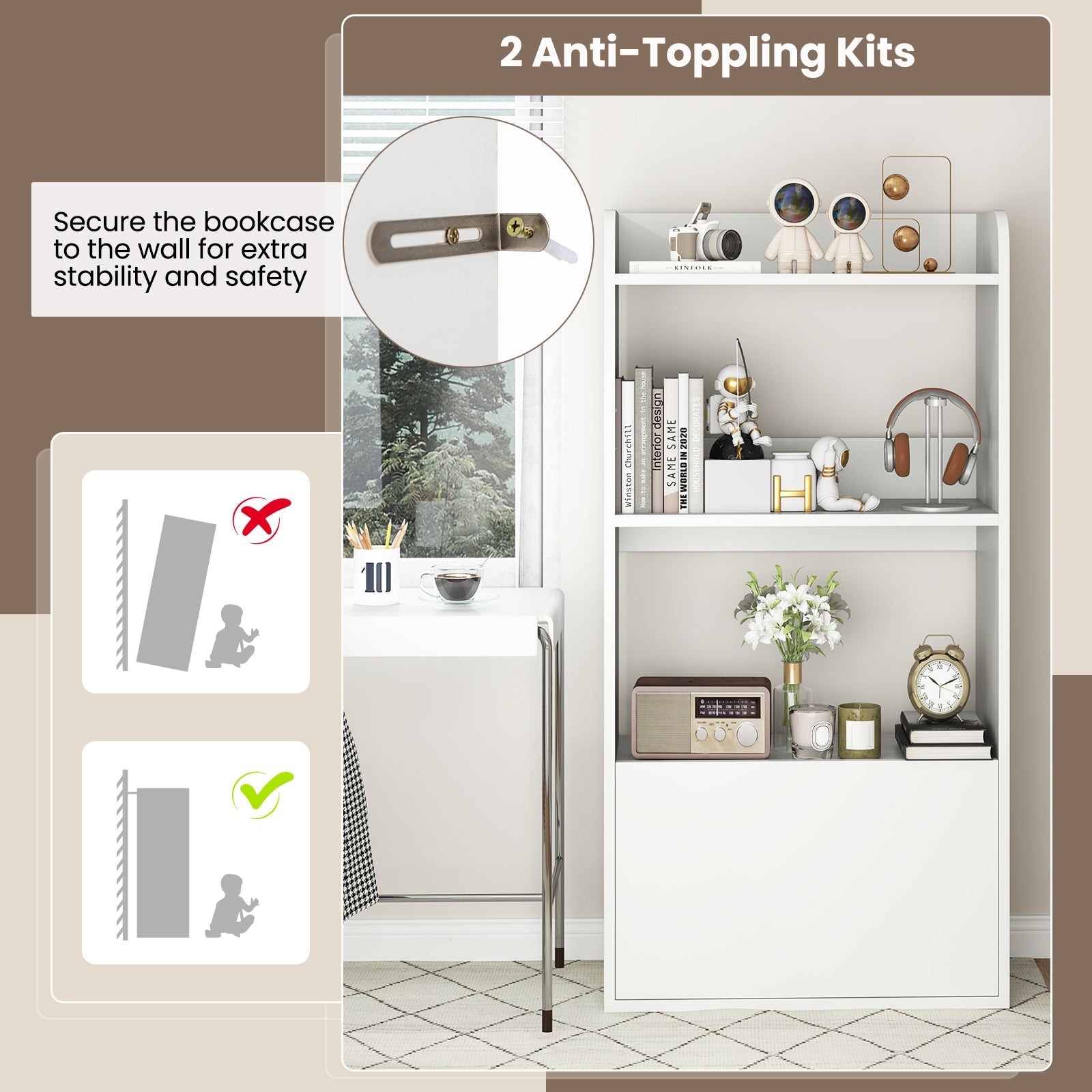 Freestanding Bookshelf with 3-Tier Open Shelf-White