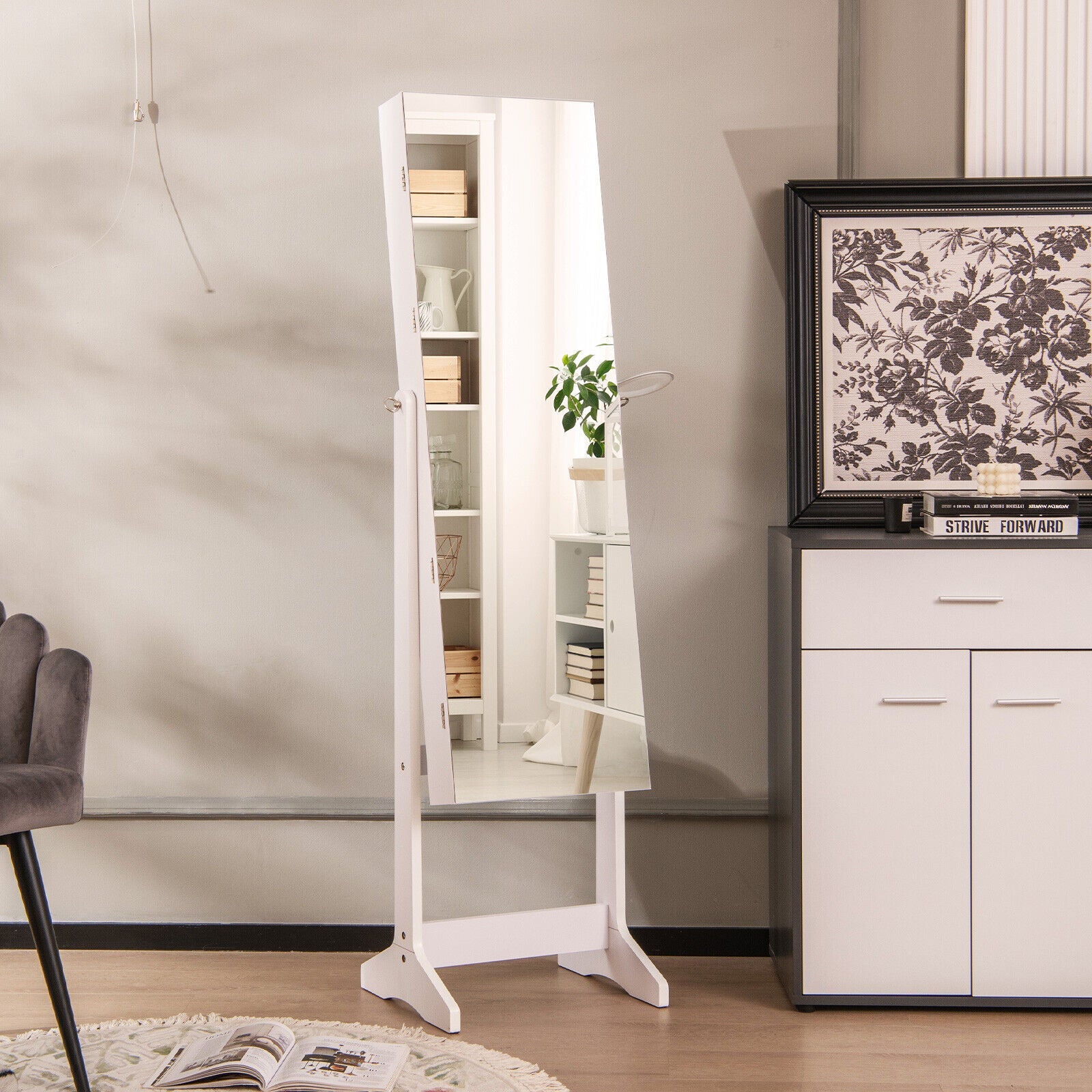 Freestanding Jewelry Cabinet with Full Length HD Mirror-White