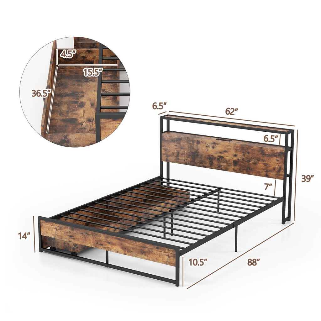 Full/Queen Bed Frame with 2-Tier Storage Headboard and Charging Station-Queen Size