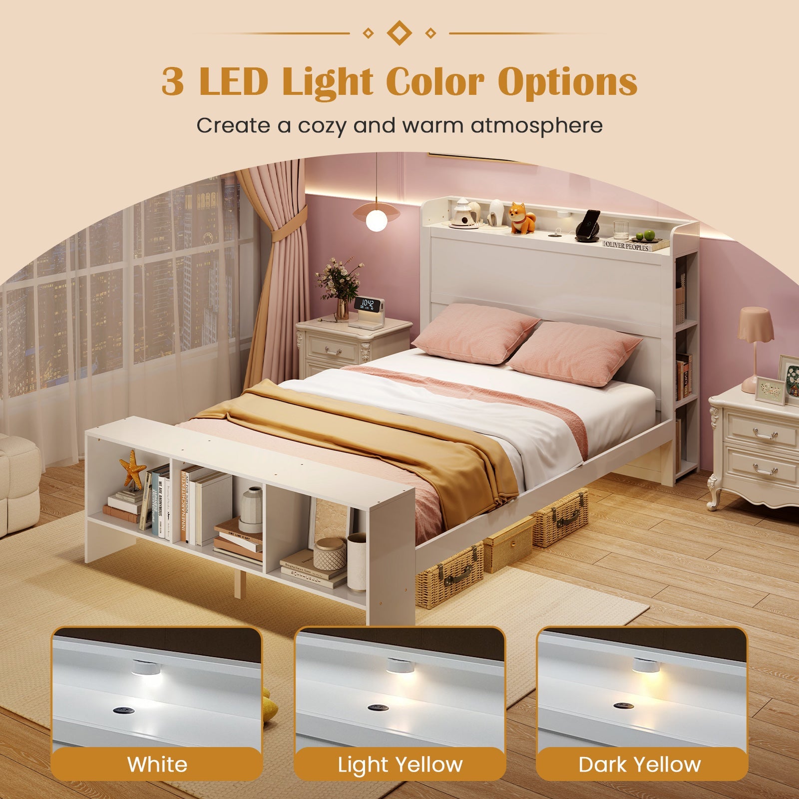 Full Size Bed Frame with 2 USB Ports with Storage Headboard and Lights-Full Size