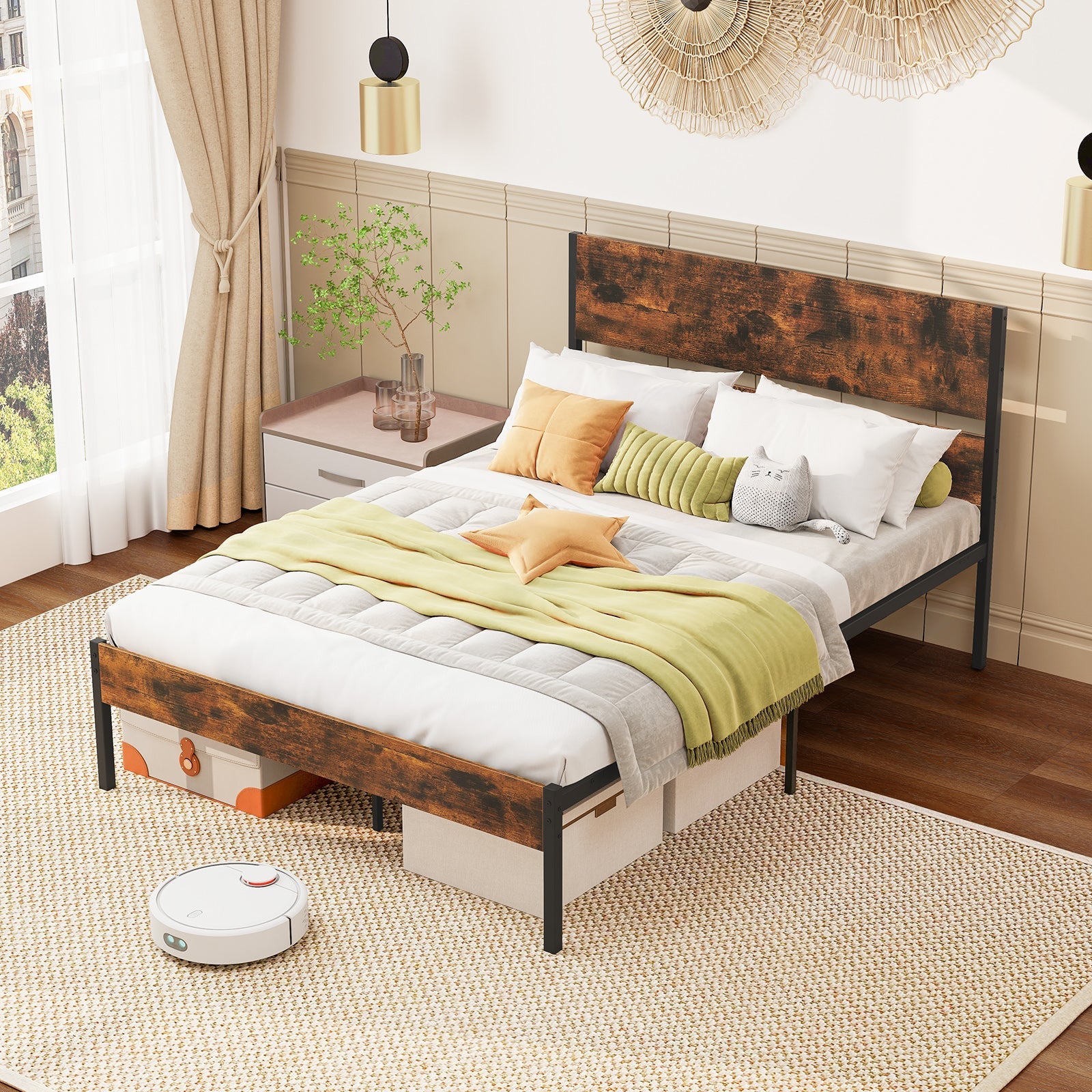 Twin/Full/Queen/King Metal Bed Frame with Wooden Headboard and Footboard-Full Size