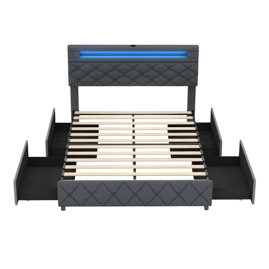 Full/Queen Size Bed Frame with Adjustable Storage Headboard and Wooden Slat Support-Full