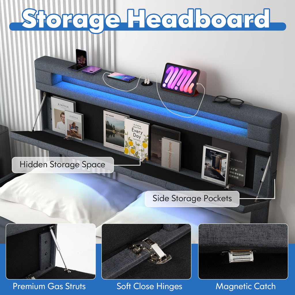 Full/Queen Size Bed Frame with Adjustable Storage Headboard and Wooden Slat Support-Full