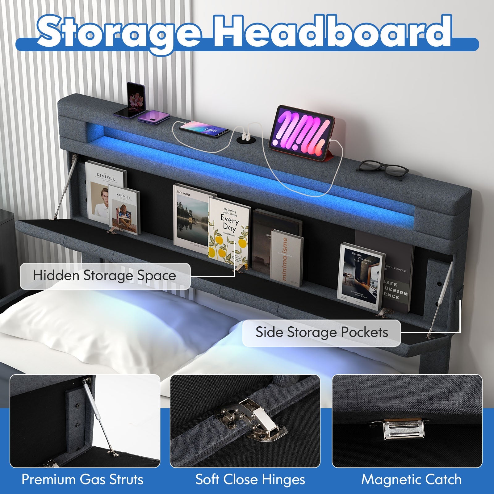 Full/Queen Size Bed Frame with Adjustable Storage Headboard and Wooden Slat Support-Full