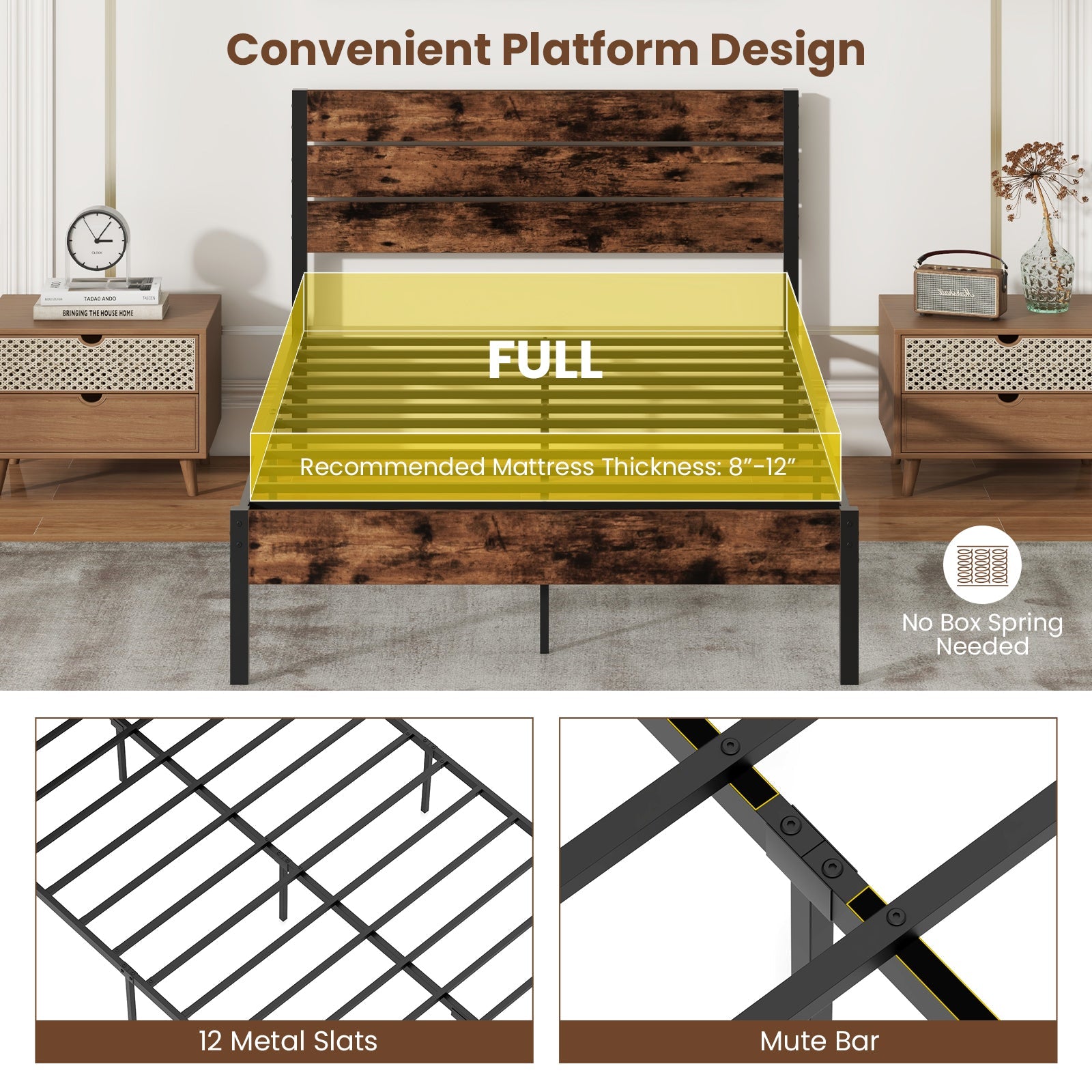 Full/King/Queen/Twin Size Bed Frame with High Headboard and Mute Bar-Full Size