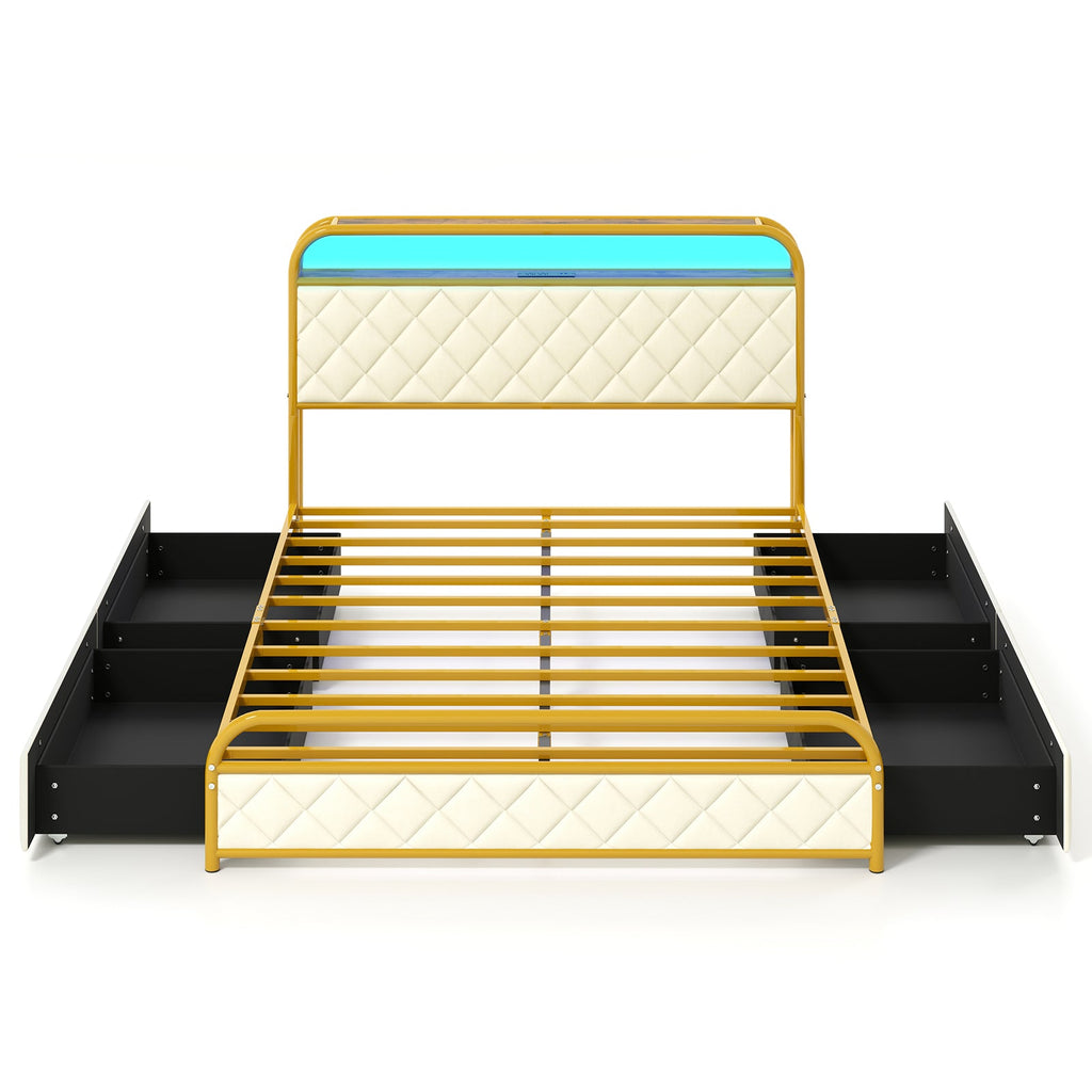 Twin/Full/Queen Size Bed Frame with LED Lights and Charging Station Gold-Full Size