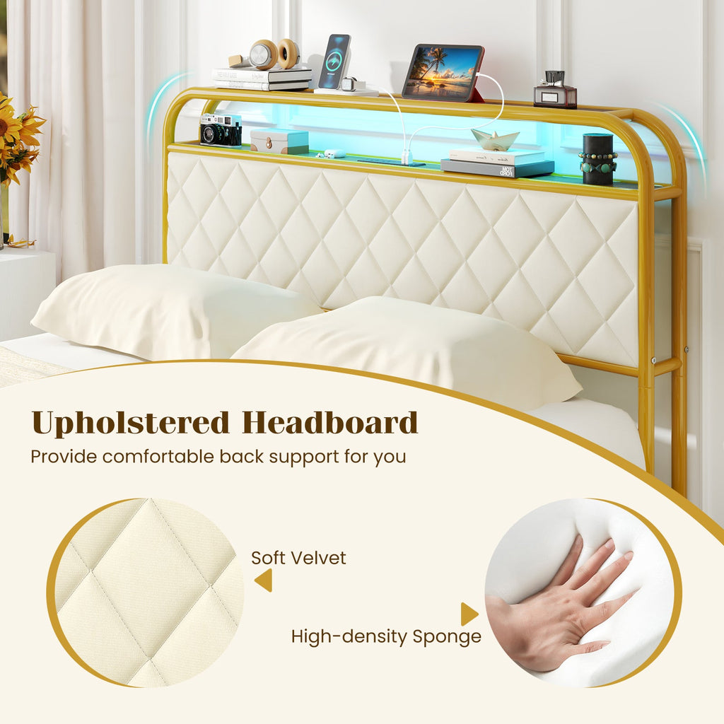 Twin/Full/Queen Size Bed Frame with LED Lights and Charging Station Gold-Full Size