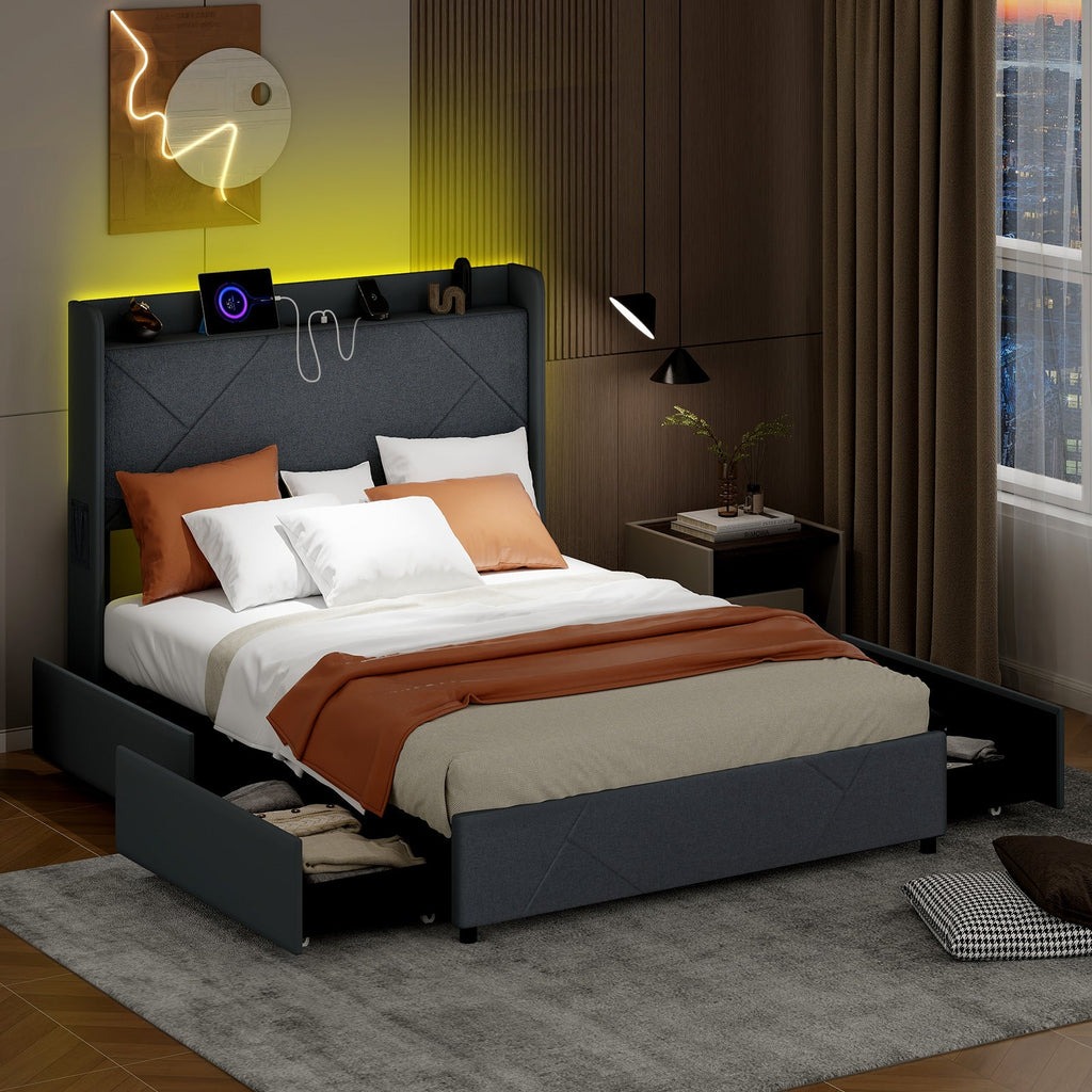 Full/Queen Size Bed Frame with LED Lights and Charging Station-Full Size