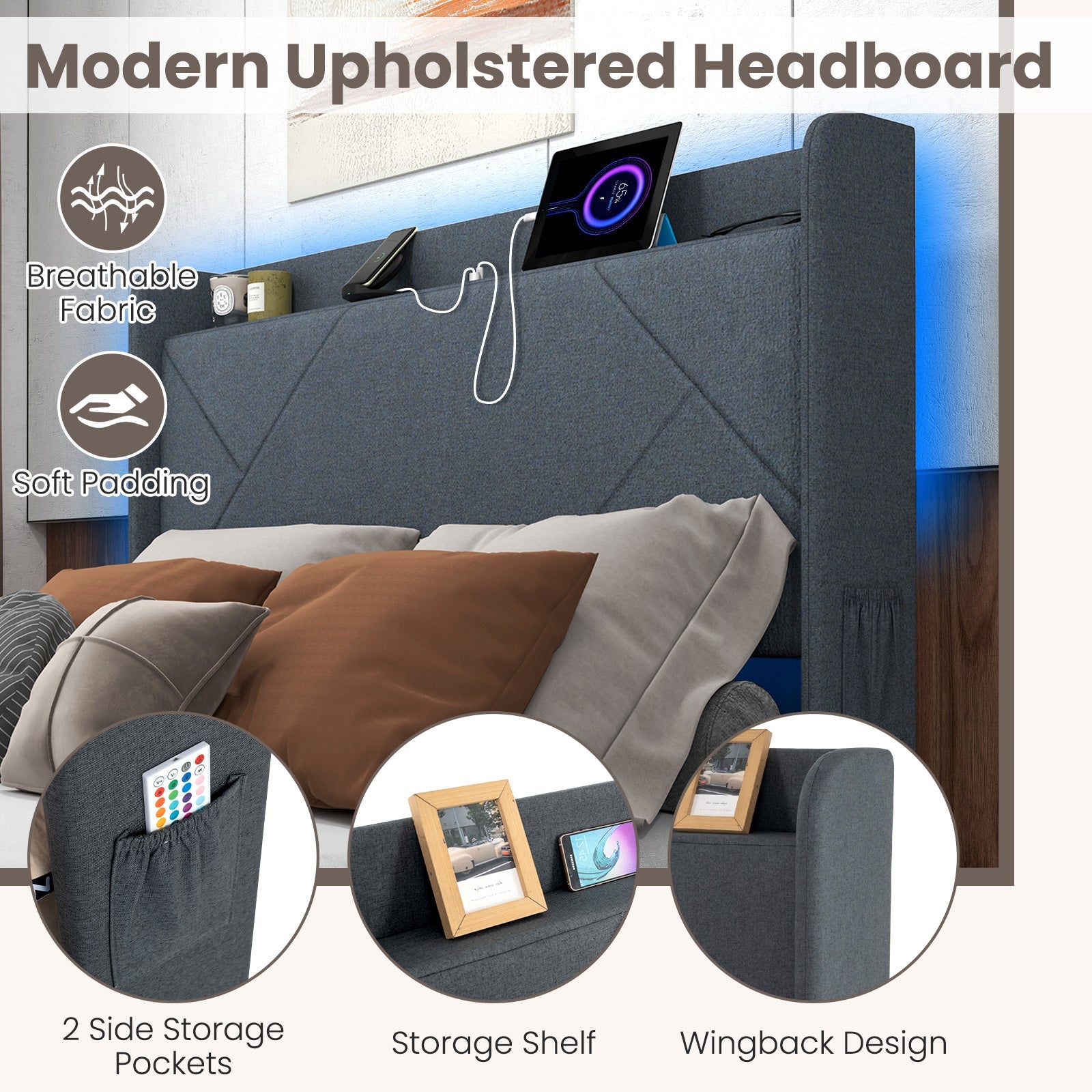 Full/Queen Size Bed Frame with LED Lights and Charging Station-Full Size