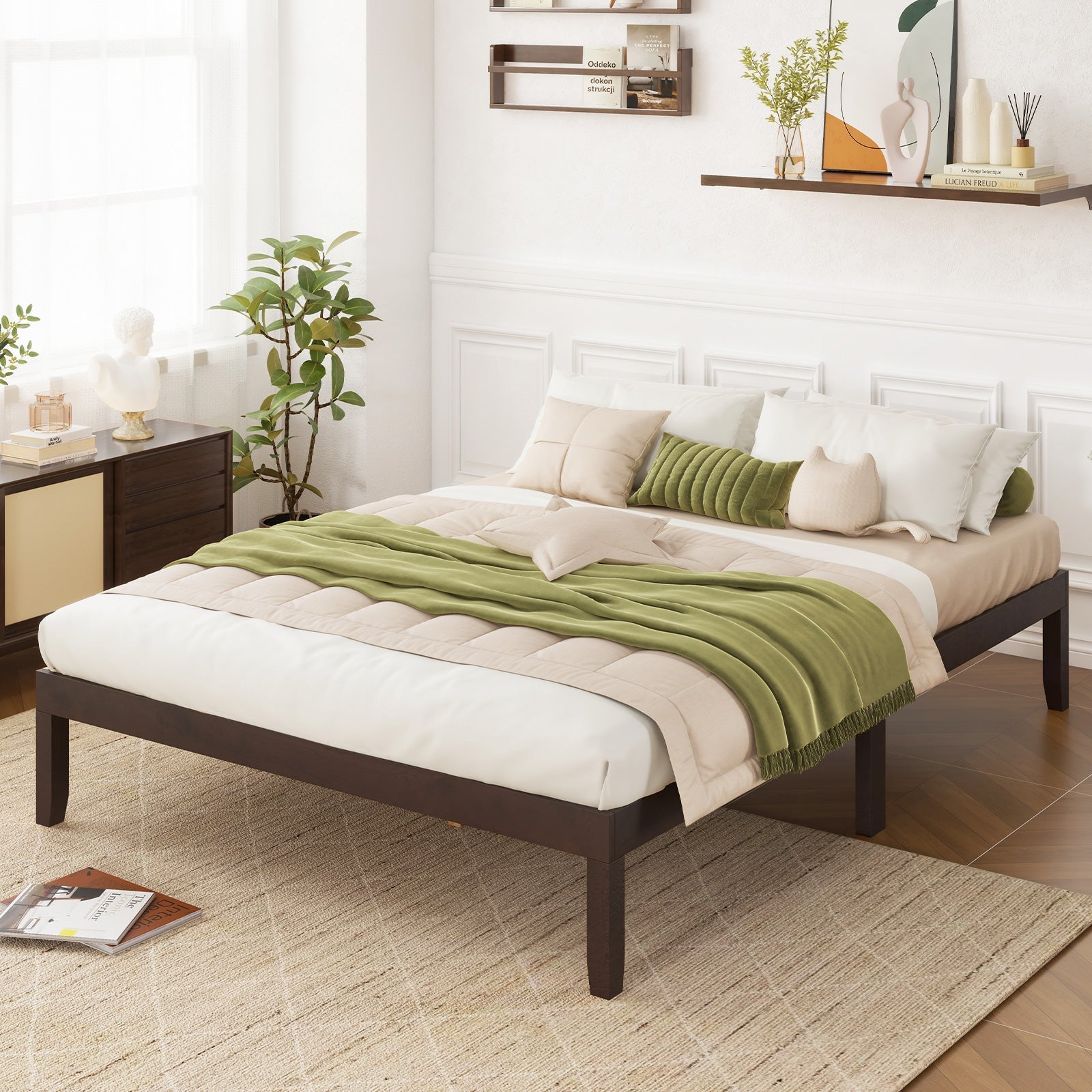 Full Size Wood Bed Frame with Wooden Slats Support and Rubber Wood Legs-Espresso