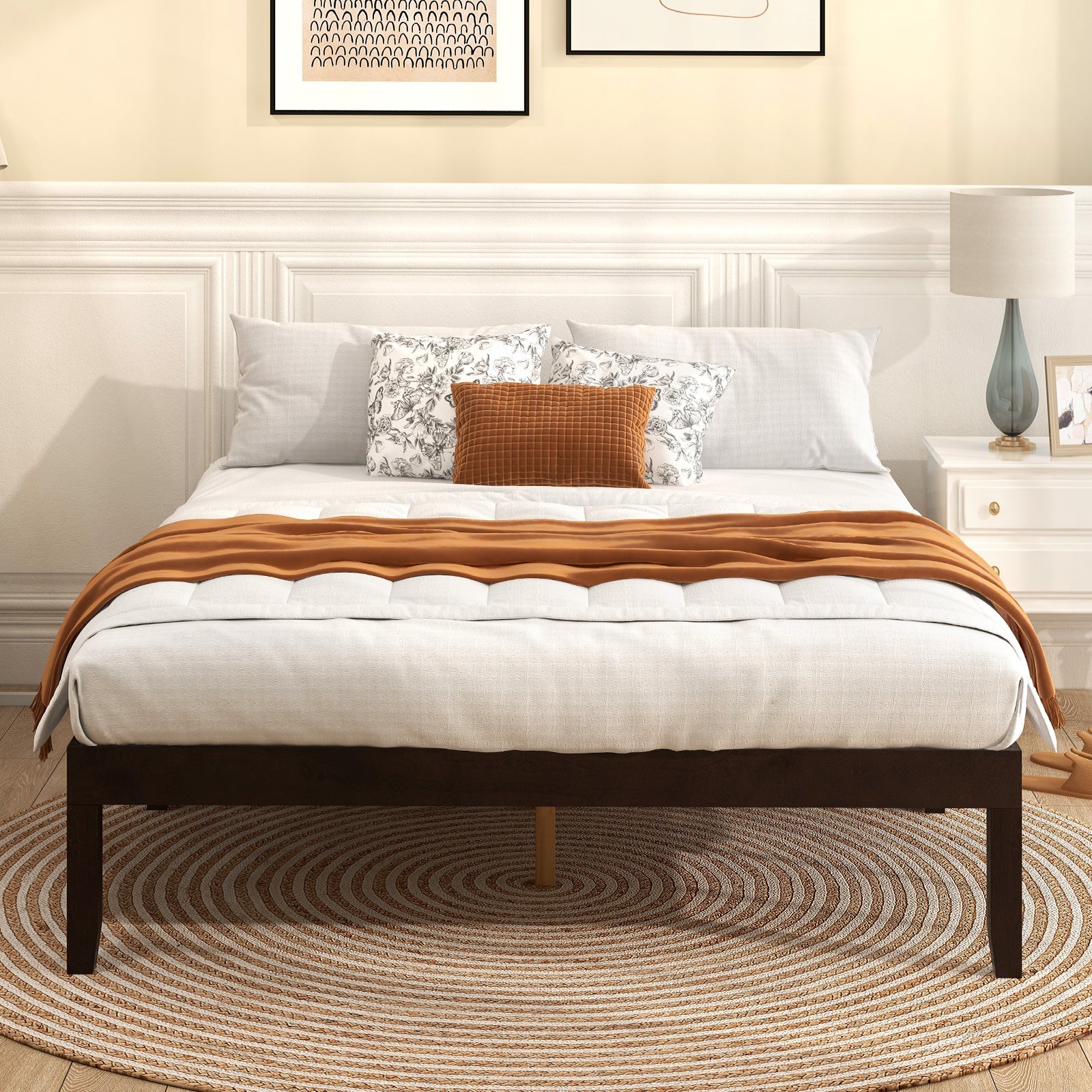 Full Size Wood Bed Frame with Wooden Slats Support and Rubber Wood Legs-Espresso