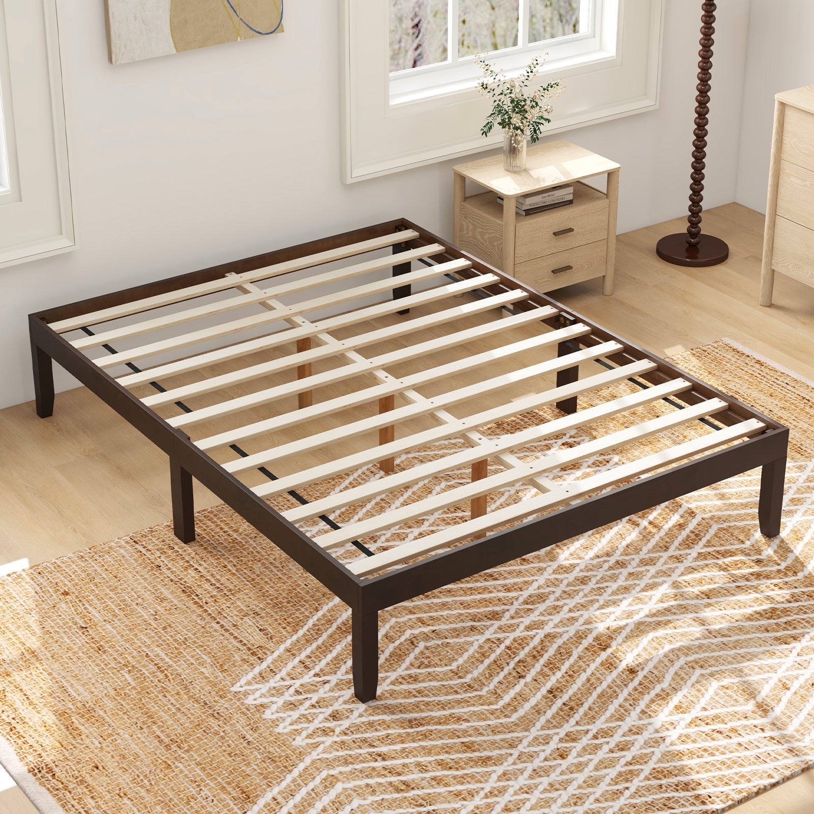 Full Size Wood Bed Frame with Wooden Slats Support and Rubber Wood Legs-Espresso