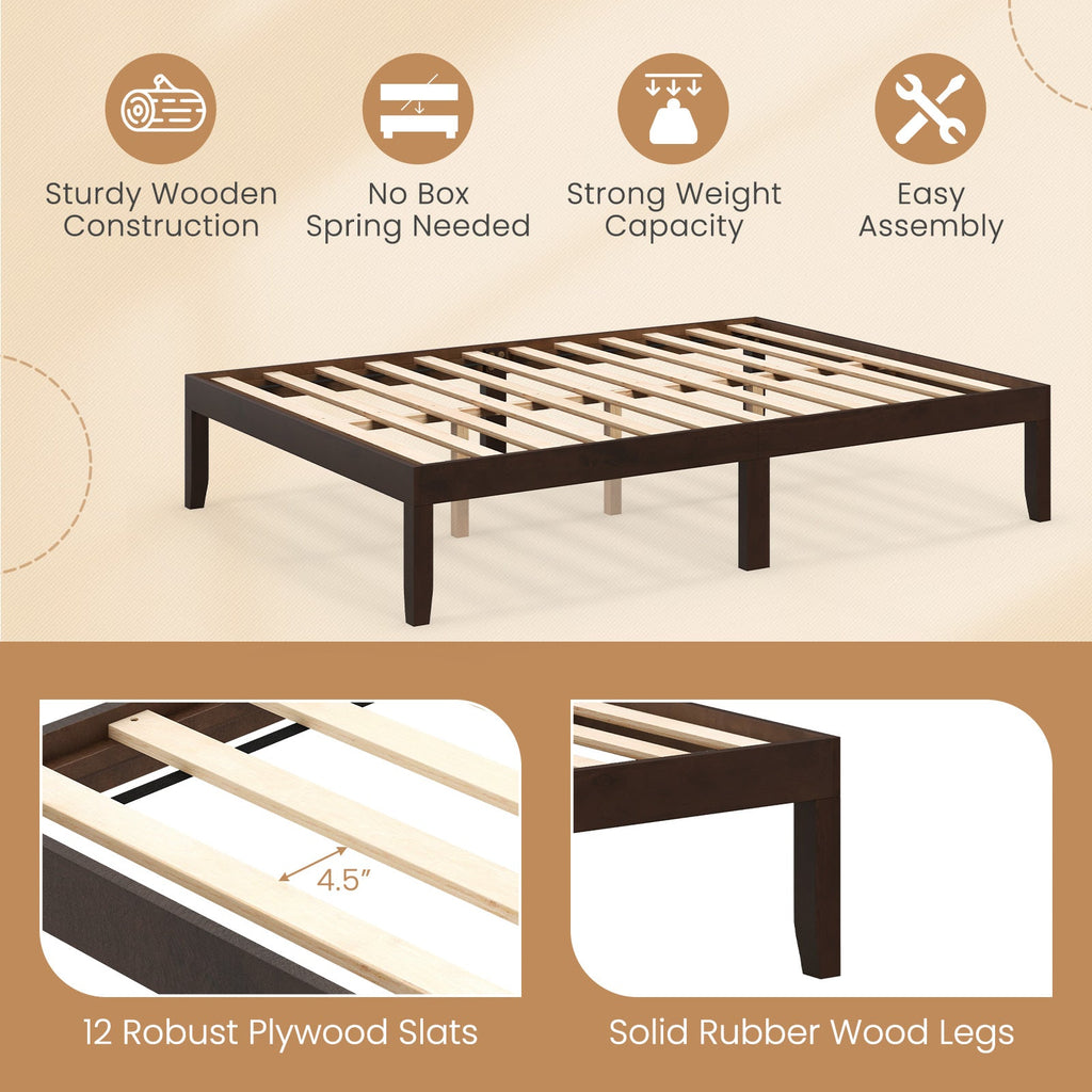 Full Size Wood Bed Frame with Wooden Slats Support and Rubber Wood Legs-Espresso