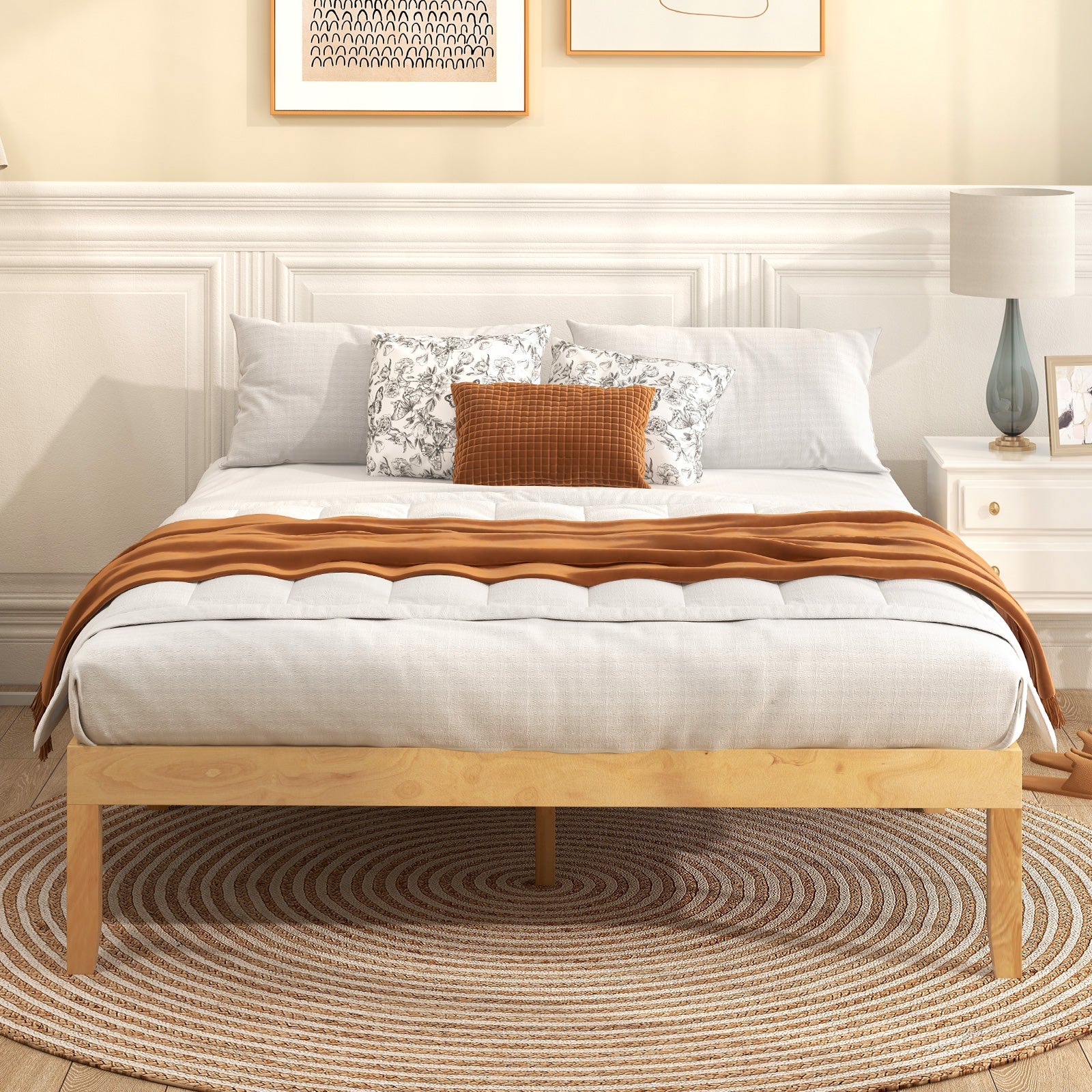 Full Size Wood Bed Frame with Wooden Slats Support and Rubber Wood Legs-Natural