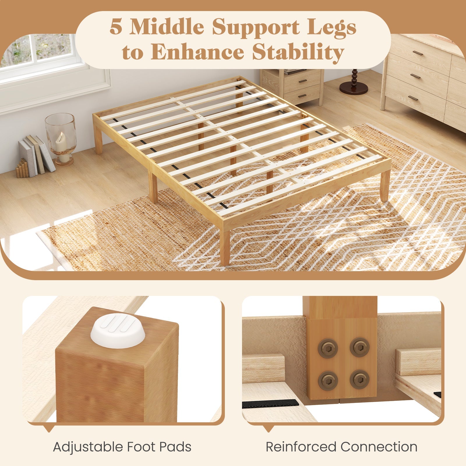 Full Size Wood Bed Frame with Wooden Slats Support and Rubber Wood Legs-Natural