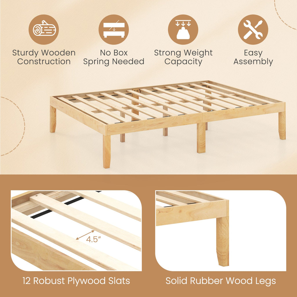 Full Size Wood Bed Frame with Wooden Slats Support and Rubber Wood Legs-Natural