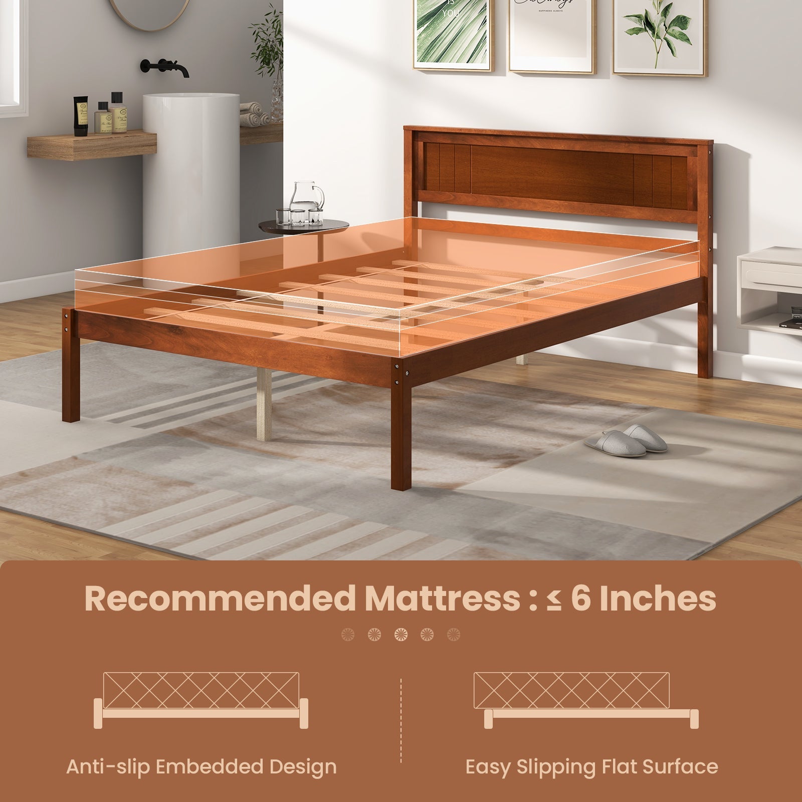 Twin/Full/Queen Size Bed Frame with Wooden Headboard and Slat Support-Full Size