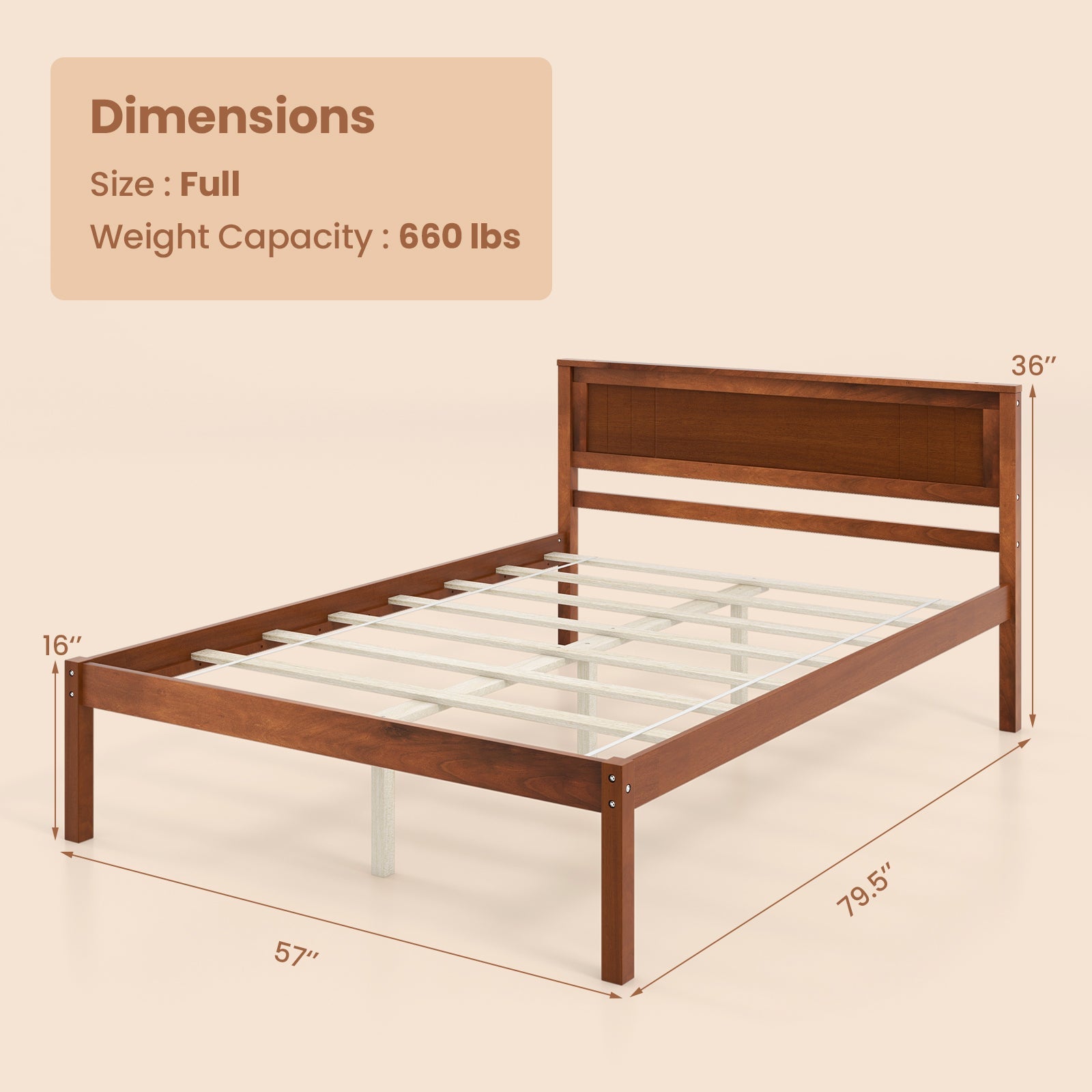 Twin/Full/Queen Size Bed Frame with Wooden Headboard and Slat Support-Full Size
